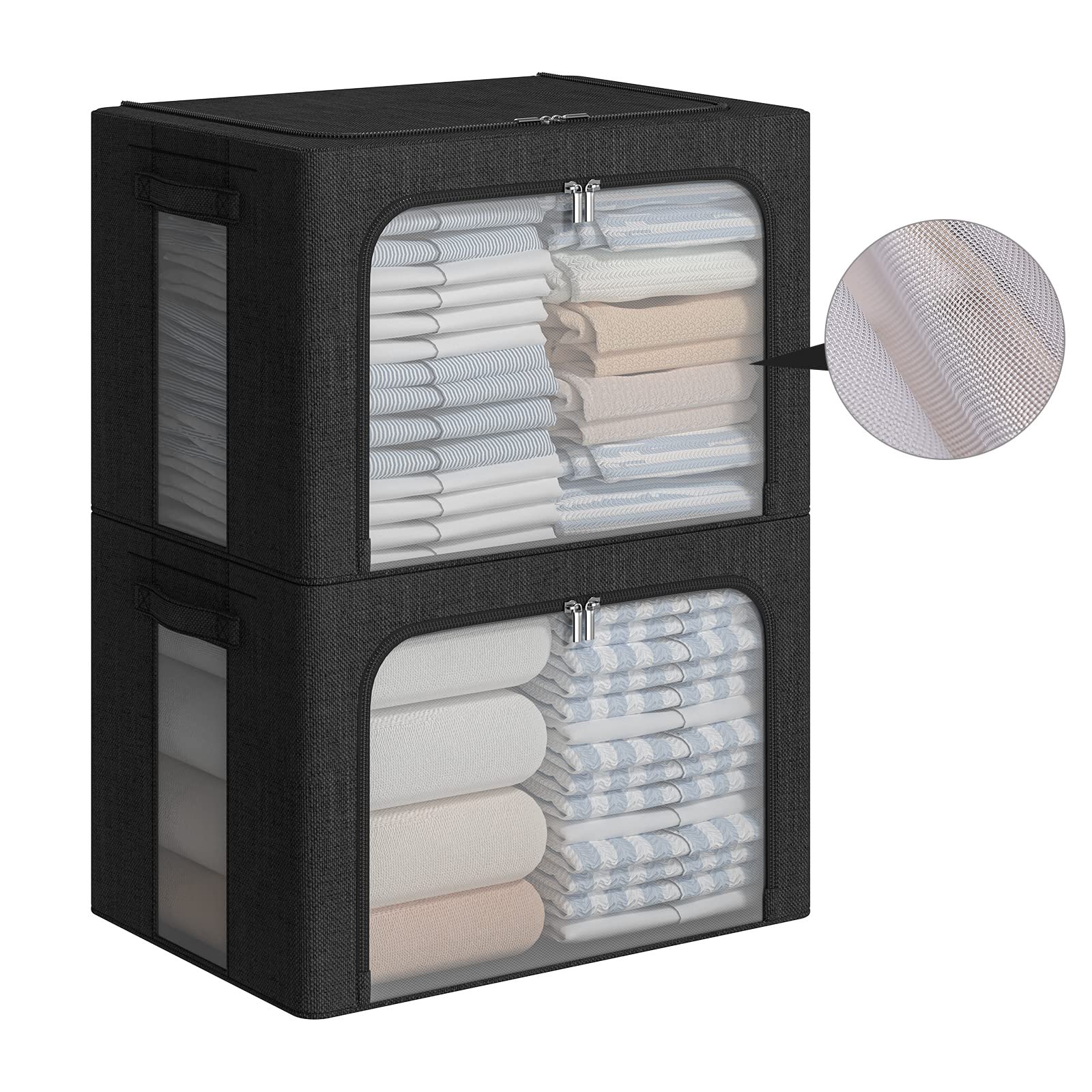 FHSQX2 Pack Clothes Storage Bins - Foldable Metal Frame Storage Box with Mesh Windows - Stackable Linen Fabric Organizer Set with Carrying Handles
