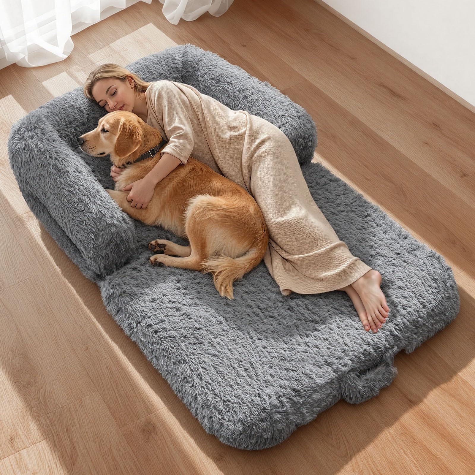VEVOR Cama Rectangular para Perros, 181 x 111 x 22 cm, Ortopédica, de Espuma Viscoelástica, Tamaño Humano, con Bolsillo Lateral, Asa y Cremallera, Funda Extraíble y Lavable a Máquina, Gris Oscuro