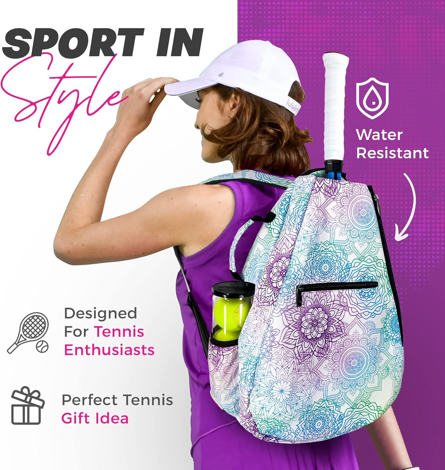 Womens Tennis Backpack - Taboo Fashions Ladies Tennis Bag Holds Two Racquets, Padded Straps and Side Carry Handle