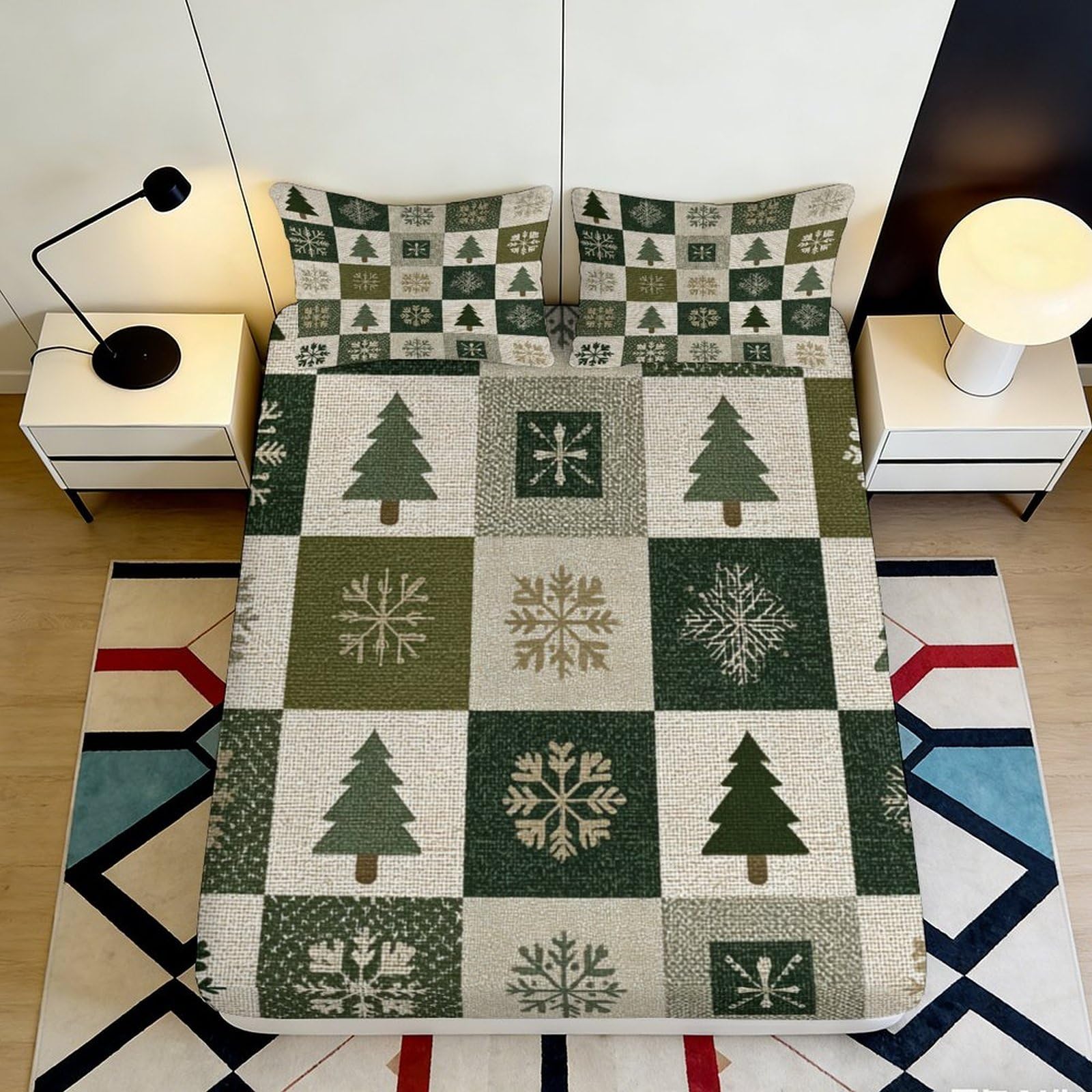 3D Printed Christmas Tree Fitted Sheet Microfiber Soft Snowflake Bed Cover for Bedroom Guest Room Mattress Protection Decor 200x200x25cm