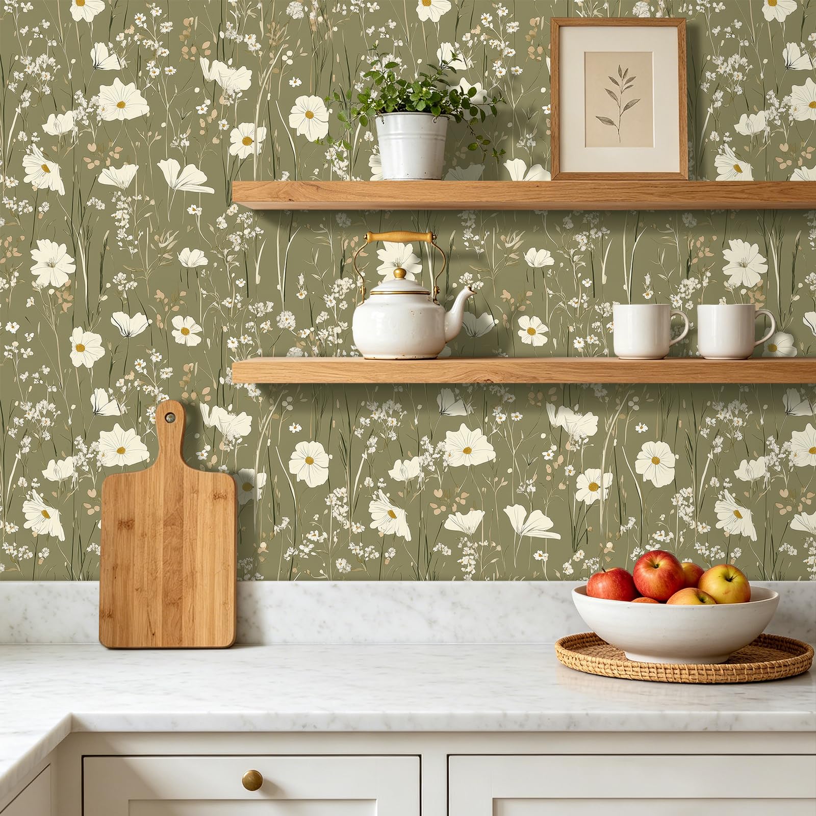 FunStick 44.5CMx9M Papel Pintado Pared Verde Flores Pequeñas Vintage Papel Pintado Autoadhesivo Muebles Cocina Armario Vinilo Adhesivo Verde Oliva Salón Vinilo Adhesivo Muebles Flores Pequeñas Hojas