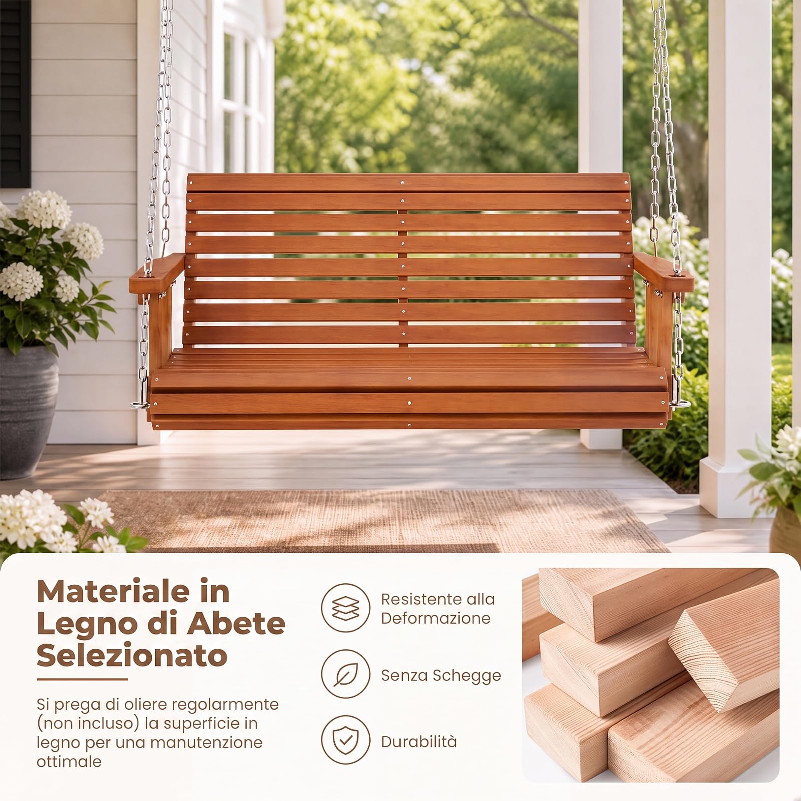 COSTWAY Altalena da Giardino a 2 Posti, Panca Sospesa in Legno | con Altezza Regolabile, Schienale Ergonomico e Sedile a Doghe, Panchina da Appendere per Giardino e Cortile, Portata 300 kg