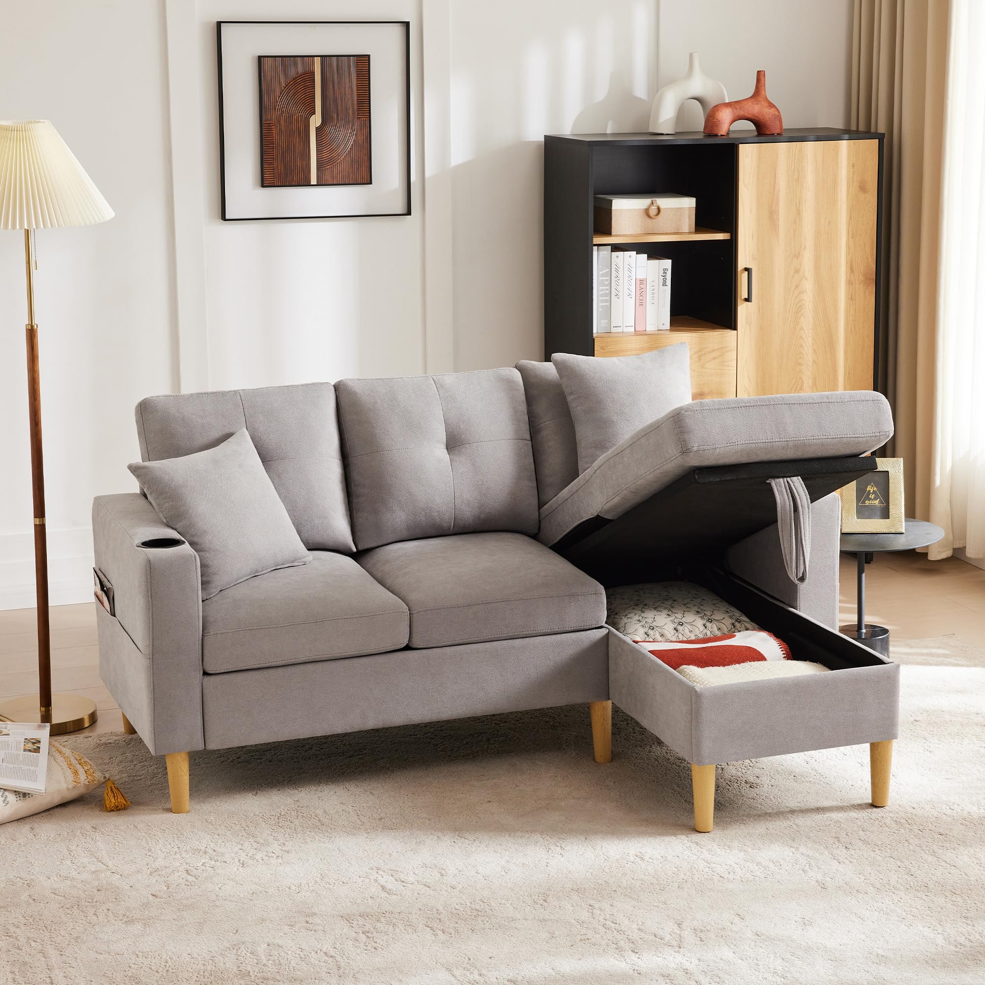 Sofá moderno en forma de L, 3 plazas con chaiselongue, almacenamiento, soporte para bebidas, 2 cojines, adecuado para salón, oficina, apartamento, etc. (gris)