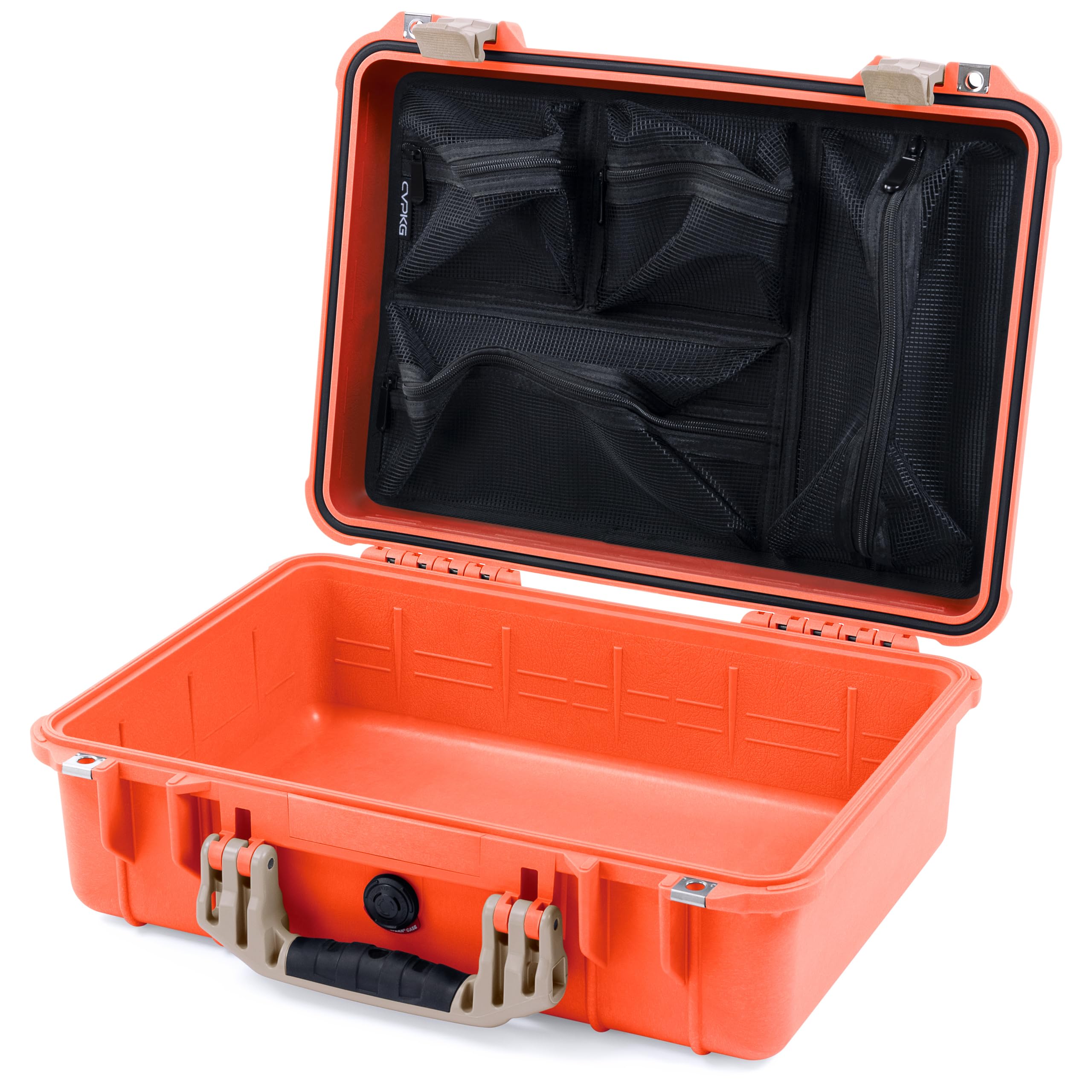 ColorCase Pelican 1500 Case Orange - Medium Size Waterproof Case with Mesh Lid Organizer Only - Desert Tan Handles & Latches