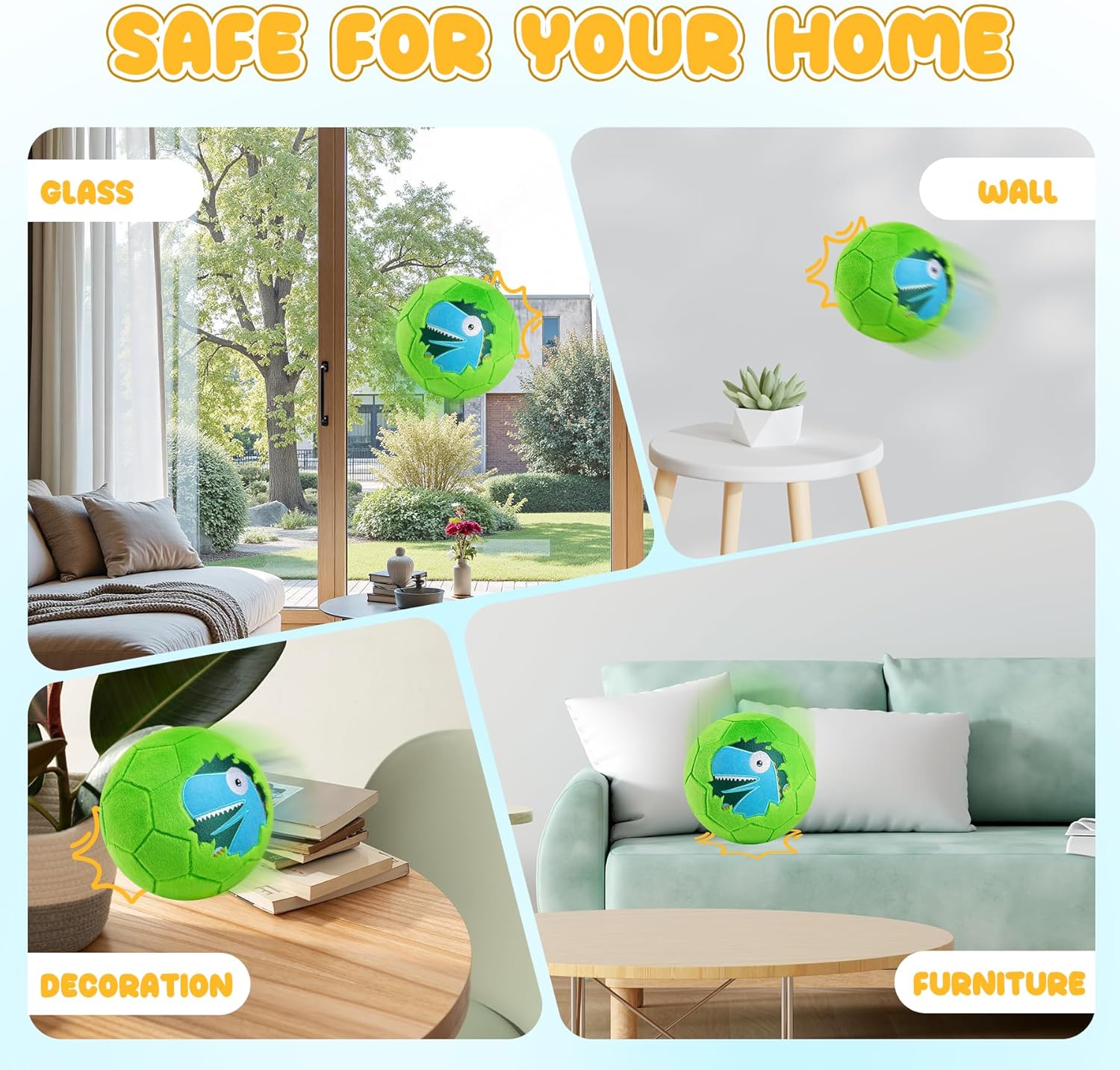ZOOJOY Soft Balls for Toddlers 1-3, Silent Indoor Soccer Ball Size 3, Plush Inflatable House Ball for Kids 3-5, Kickball Toys First Birthday Gifts for Baby Boys Girls, Green Dinosaur, Pump Include