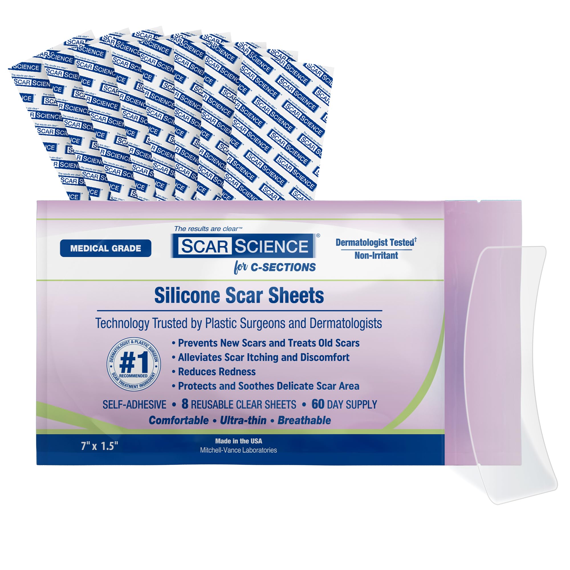 C-Section Silicone Scar Sheets for Cesarean Incision Scars – Medical Grade Reusable Silicone Scar Strips for Postpartum Recovery – Clear Breathable Silicone Tape - 7”, 8-Pack