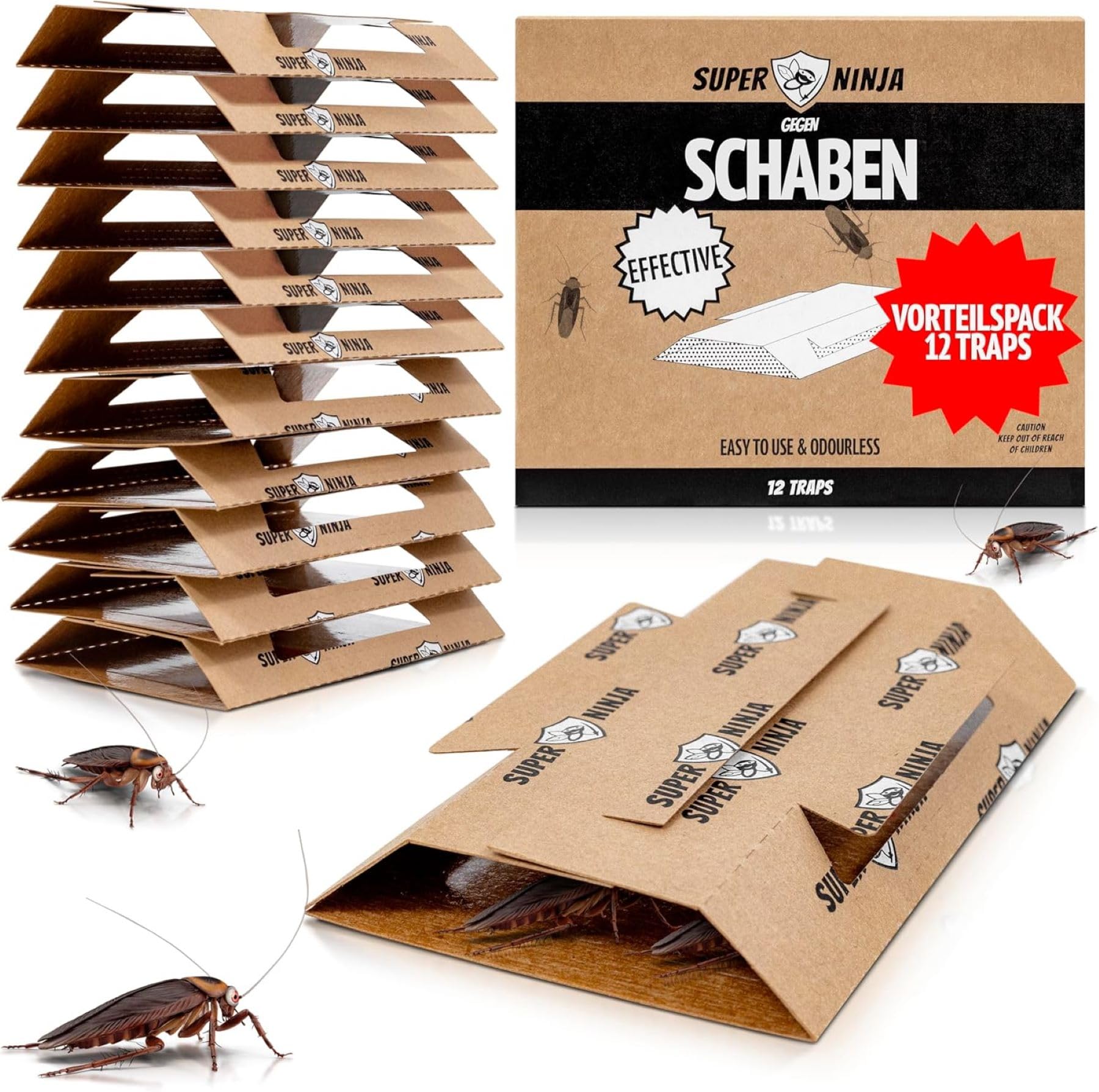 Super Ninja Schabenfalle – 12 Stück Kakerlakenfallen für Innenräume, Schaben Bekämpfung, Ungiftige Ungezieferfallen mit Lockstoff, Sicher für Zuhause, Garage & Keller