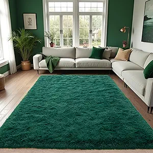 Zentavio Emerald Green Rugs for Bedroom 6x9 Dark Green Area Rugs for Living Room Fluffy Fake Grass Large Carpet for Kids Room Playroom Furry Shag Aesthetic Soft High Pile Washable Home Decor