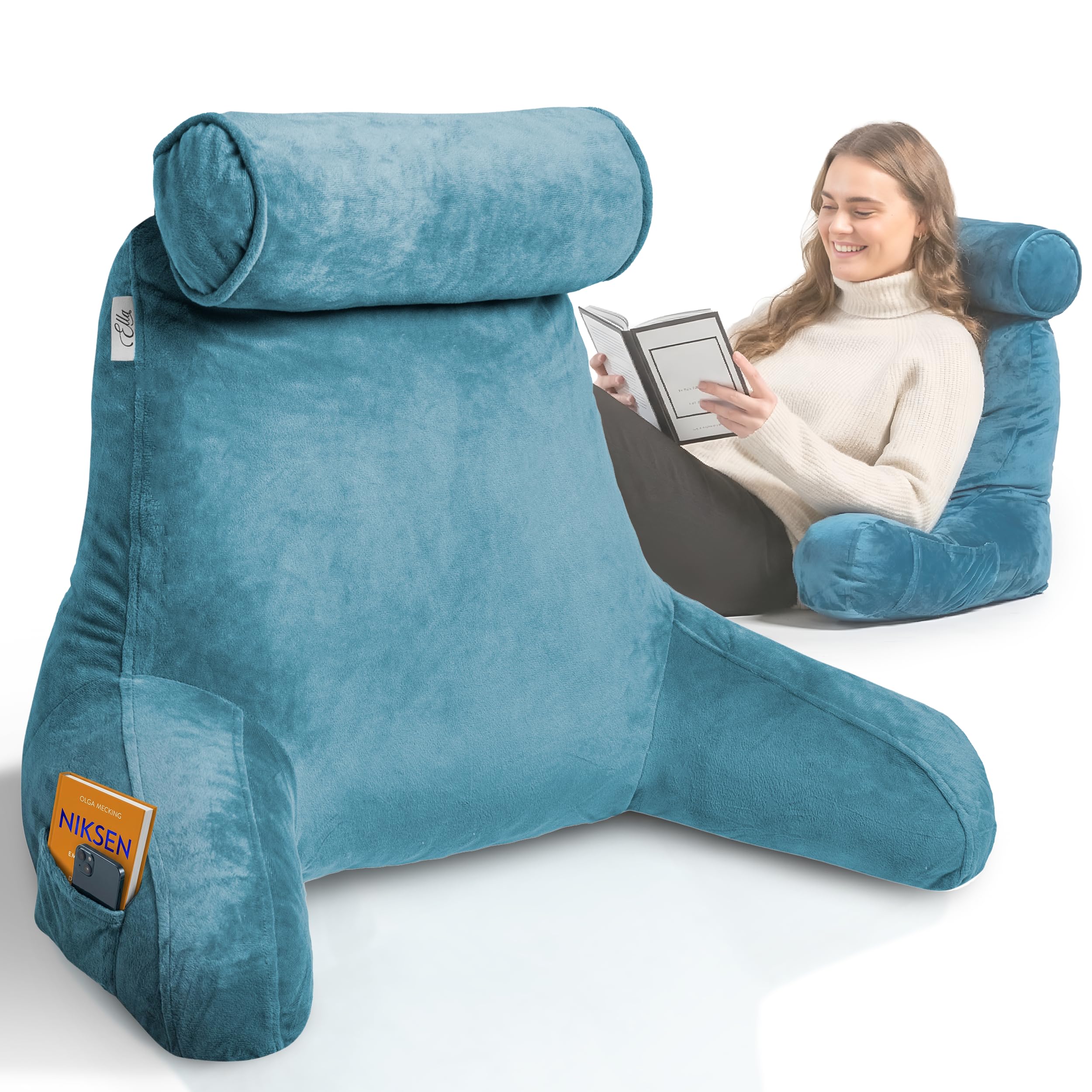 Ella Lesekissen für Bett und Sofa mit Abnehmbarer Nackenrolle - Rückenkissen Bett - Reading Pillow aus Memory Foam mit Armlehne, Ideal zum Lesen, Fernsehen, Faulenzen oder als Rückenstütze - Blau