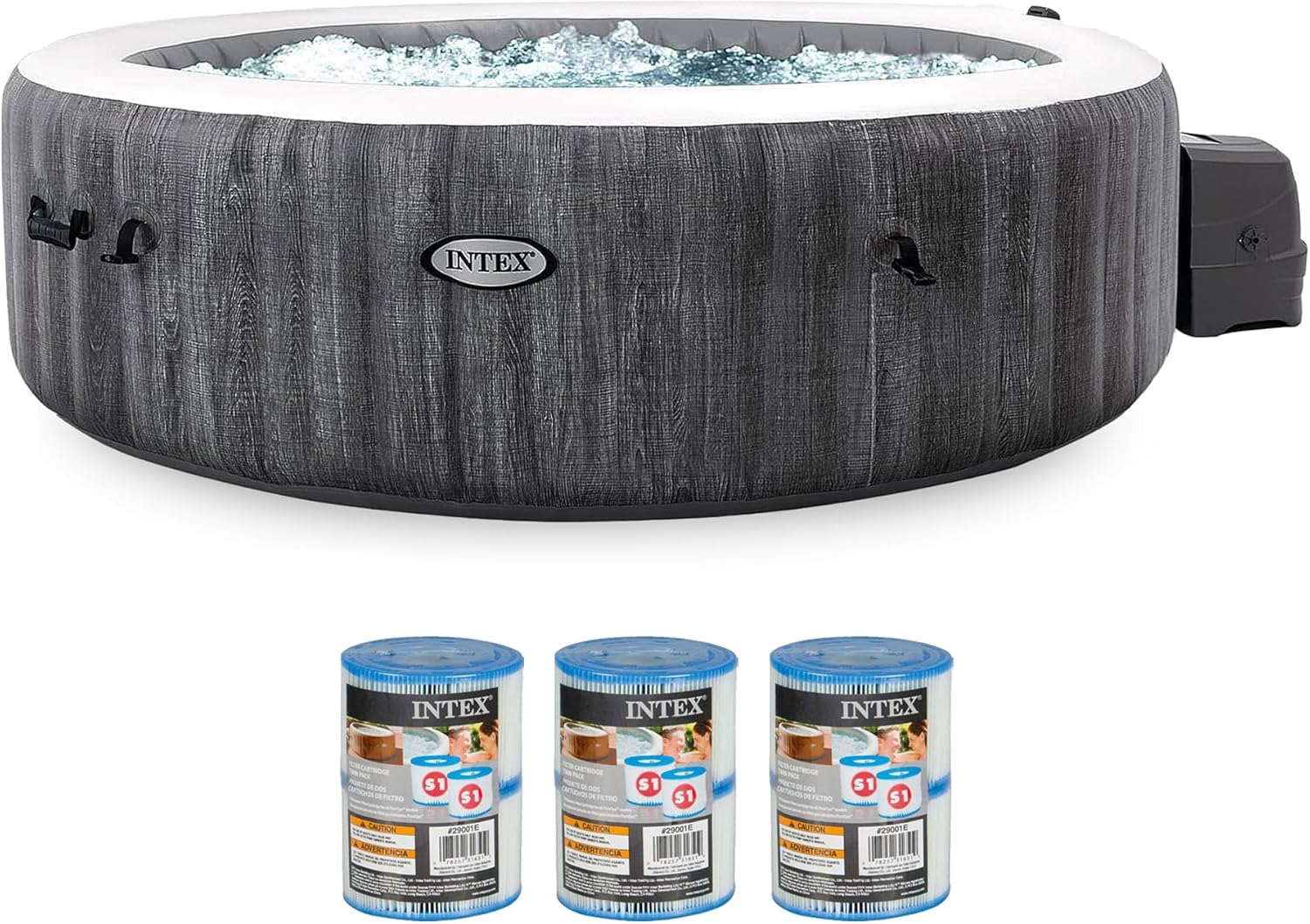 INTEX PureSpa Plus Greywood 6 Person Inflatable 85″ Round Hot Tub Bubble Jet Spa and Easy Set Type S1 Replacement Filter Pump Cartridges (6 Pack)