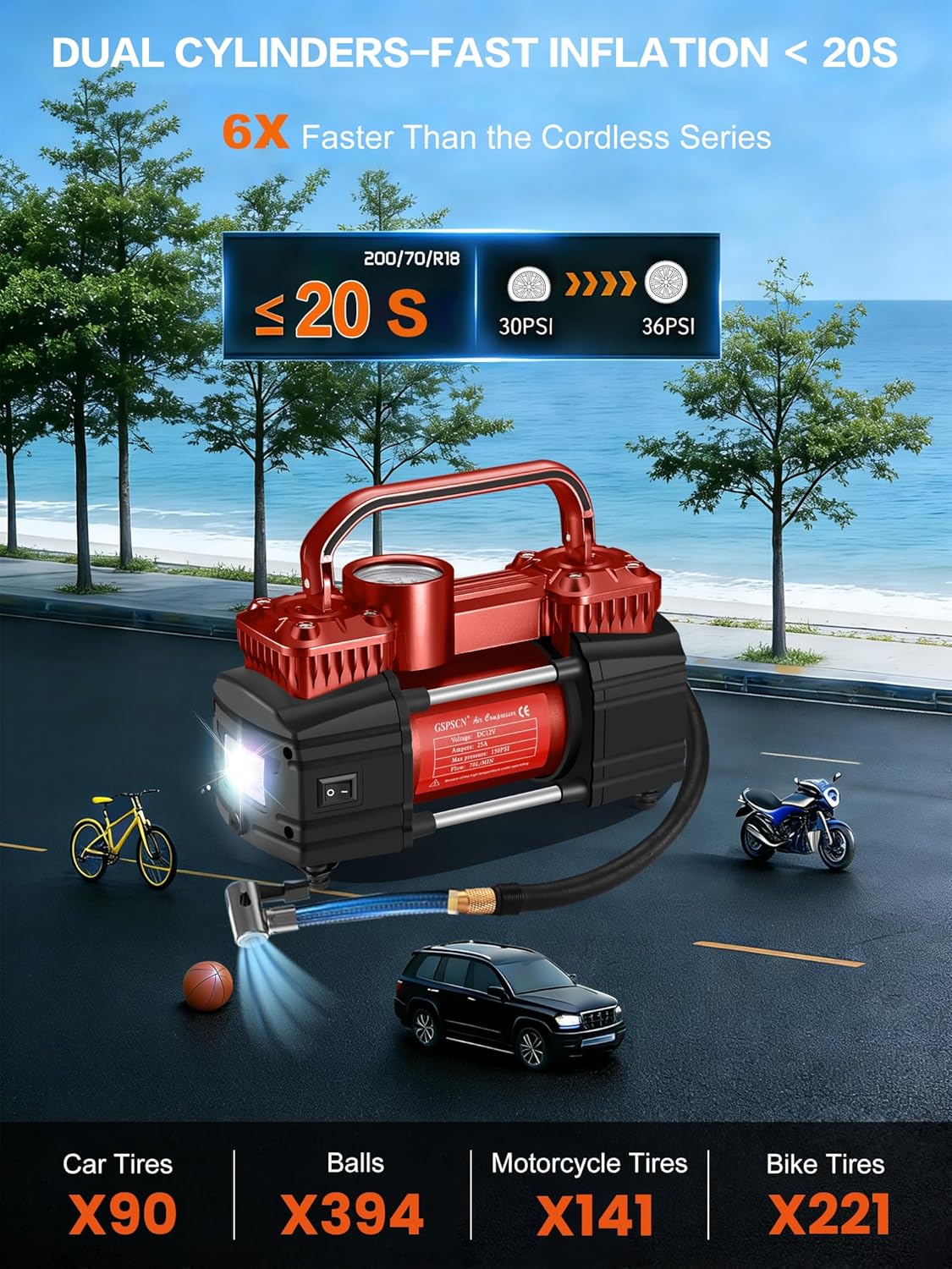 GSPSCN 6X Faster Inflation Dual Cylinder DC 12V Air Compressor for Car, Heavy Duty Portable Tire Inflator,Tire Pump 150PSI with LED Light for Auto,Truck,SUV, RV,Balls etc (RED) - Image 2