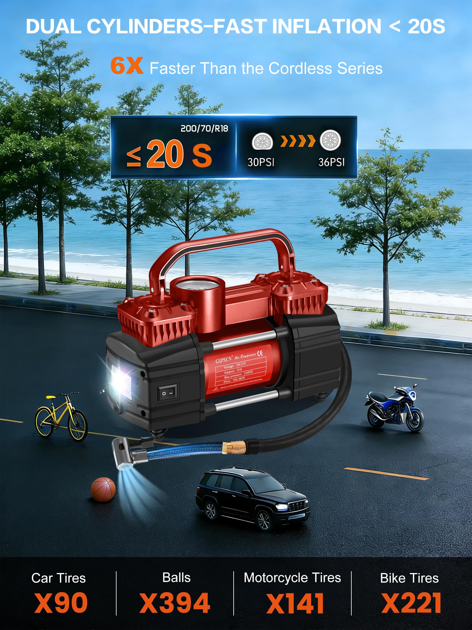 GSPSCN Compressore d'aria a doppio cilindro DC 12 V per auto, gonfiaggio pneumatici portatile resistente, pompa per pneumatici 150 psi con luce LED per auto, camion, SUV, camper, palloni, ecc (rosso)