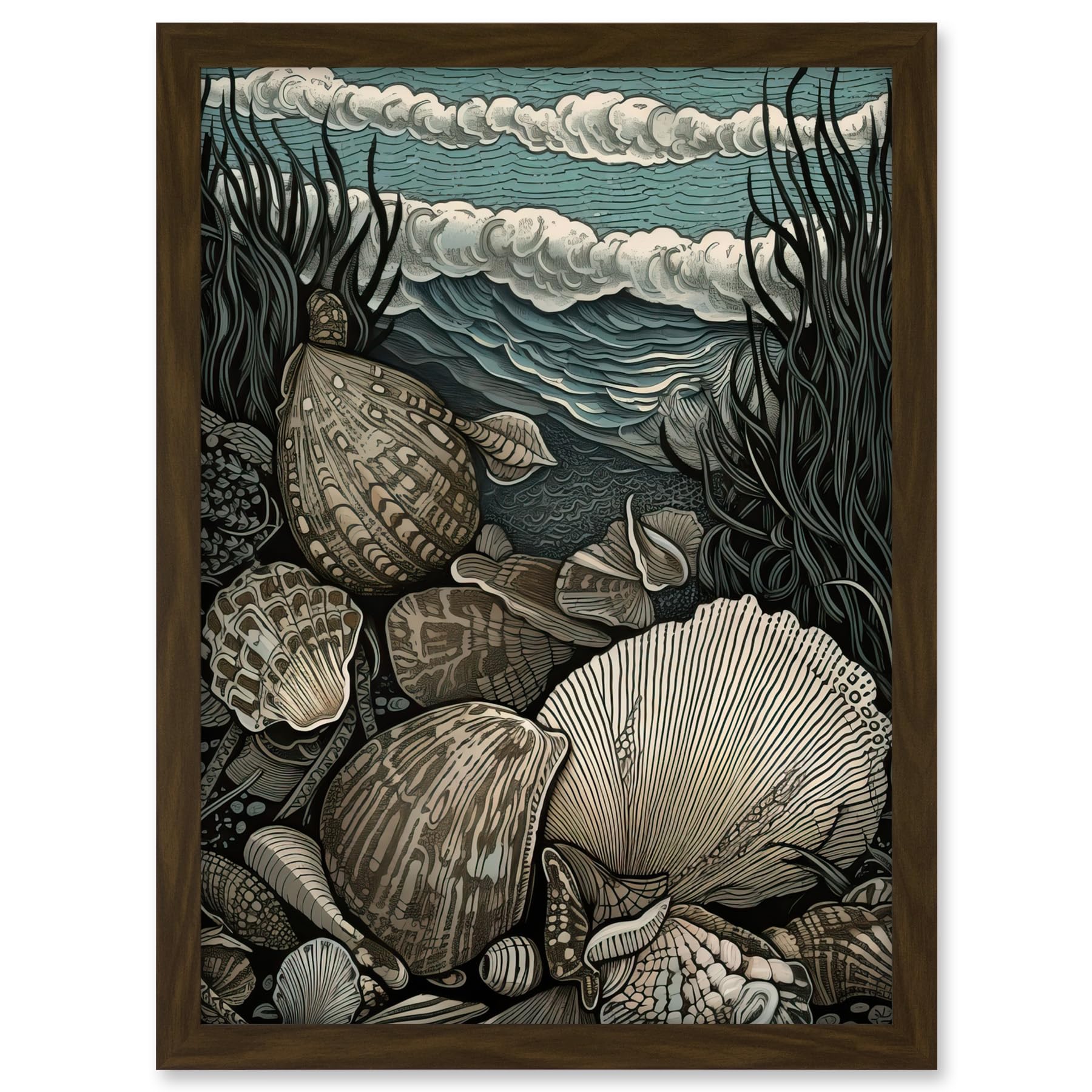 Artery8 Seashells by the Shore Modern Coastal Illustration Artwork Framed A3 Wall Art Print