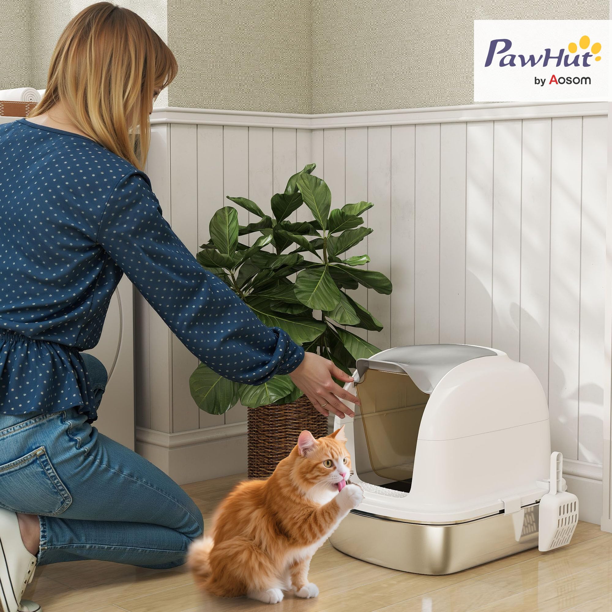 PawHut Katzenklo Edelstahl mit Deckel Kastenklo 52,4 x 41,3 x 42 cm Weiß | Katzentoilette mit Wanne, Inklusive Streuschaufel, Für Katzen unter 5 kg