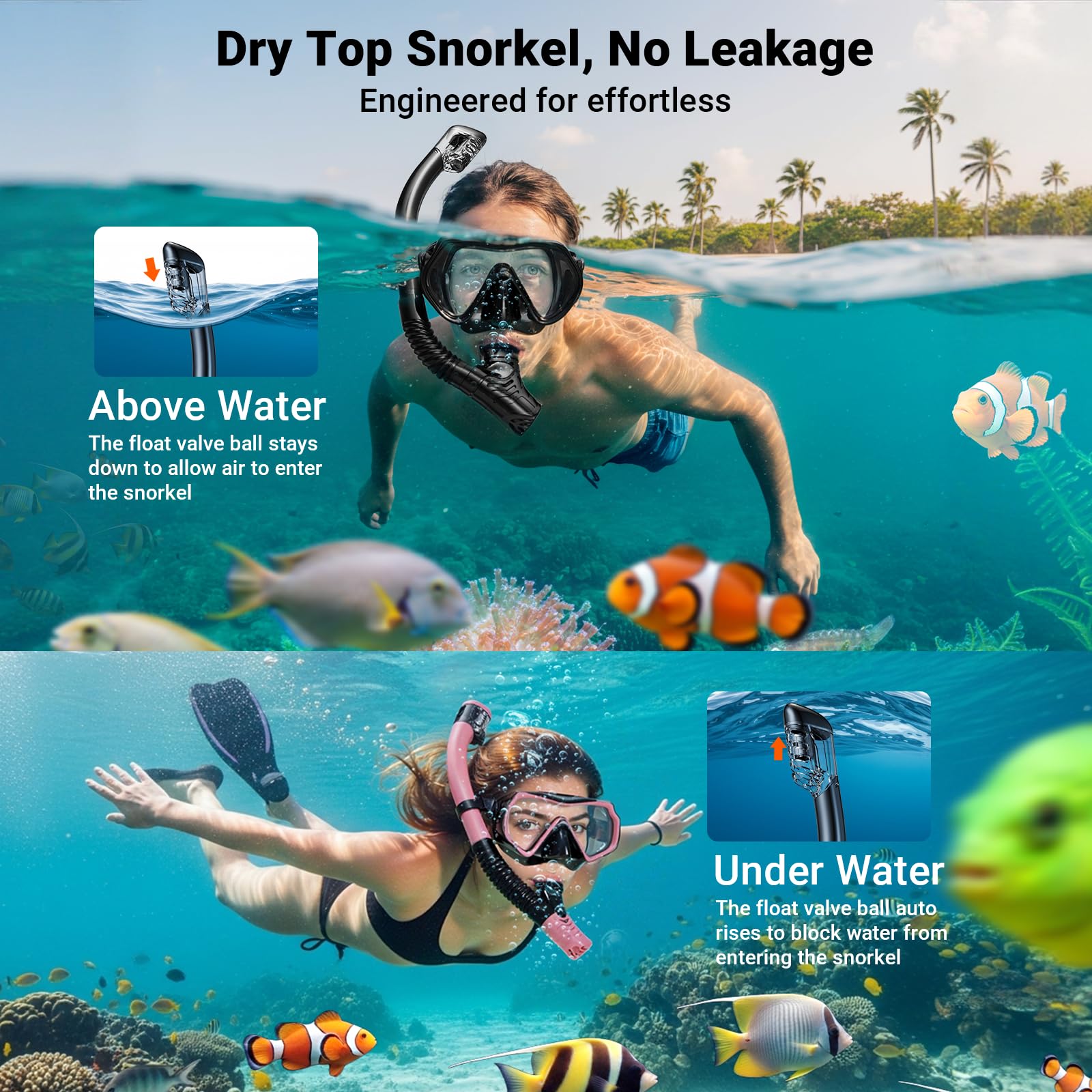Equipo de esnórquel para adultos, hombres y mujeres, juego de máscara de buceo con parte superior seca, visión panorámica de 180°, kit de gafas de esnórquel de respiración profesional con cubierta de