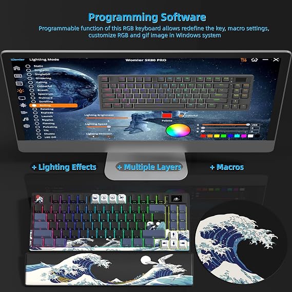 Womier 75% Wireless Mechanical Keyboard with Color Multimedia Screen Anime Gaming Keyboard, 3-Modes Hot Swappable Kanagawa Theme Creamy Key Board w/Wrist Rest, Gasket RGB Custom for Mac/Win (SK80 PRO)