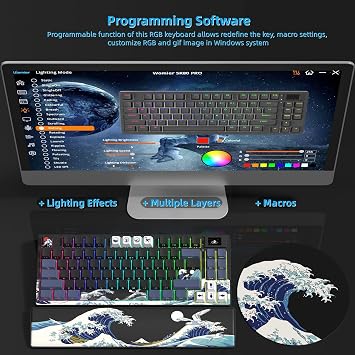Womier 75% Wireless Mechanical Keyboard with Color Multimedia Screen Anime Gaming Keyboard, 3-Modes Hot Swappable Kanagawa Theme Creamy Key Board w/Wrist Rest, Gasket RGB Custom for Mac/Win (SK80 PRO)