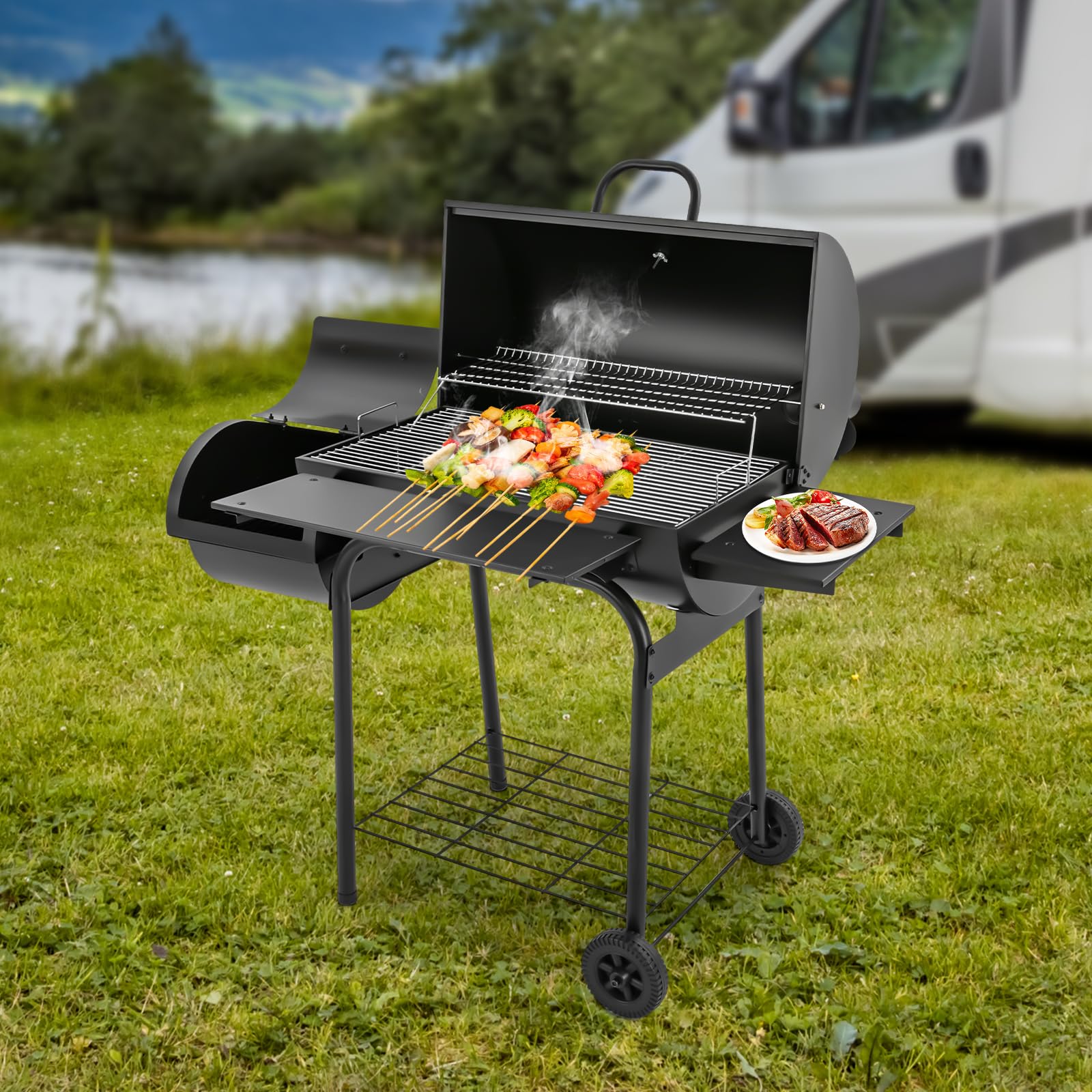 Barbecue a carbonella, con termometro e ripiani laterali, per giardino, campeggio, feste, 147 x 70 x 126 cm, colore nero