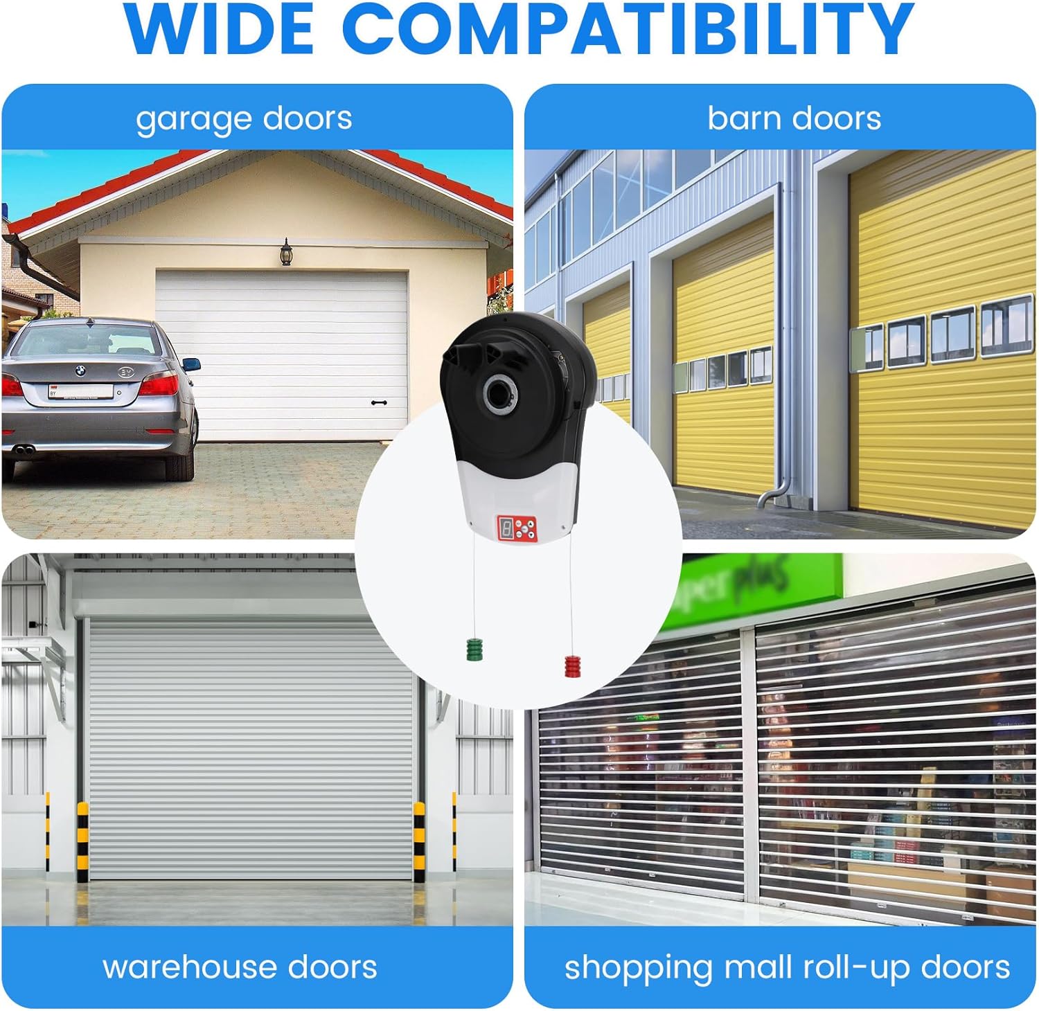 Automatic Roller Door Opener, Roll Up Garage Door Opener with 4 Remotes 800N & Secure Encryption for Garage Warehouse Store & Barn Farm, Wall Mounted
