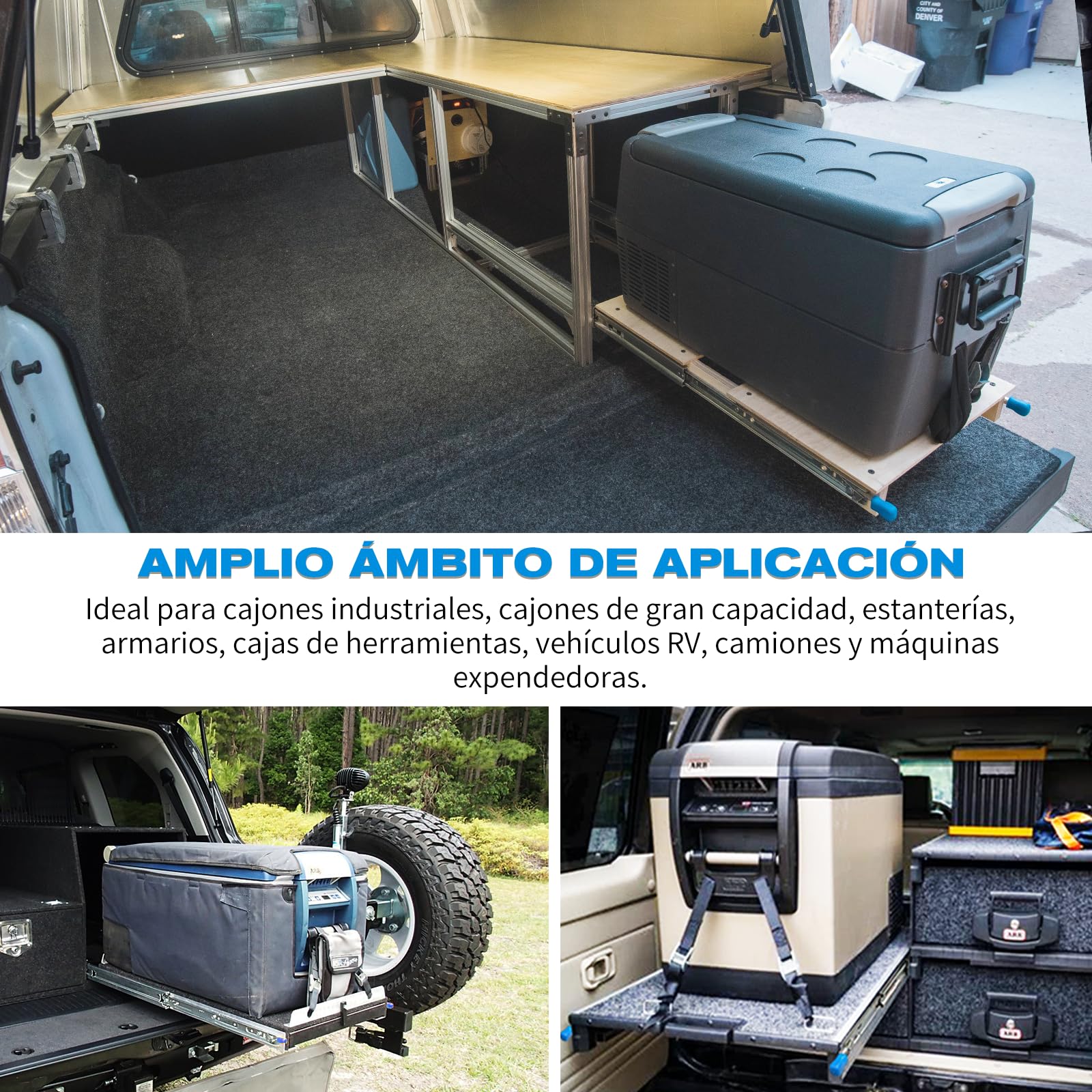 2 rieles de cajón con bloqueo de carga pesada, extracción completa, altura: 53 / L: 900 mm, cerradura 400 500 600 700 800 900 1000 mm, montaje lateral, guías de rodamiento de bolas de 95 kg, 1 par