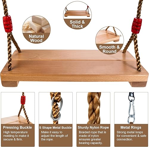 Miniatura 3 de Columpio de árbol, asiento de columpio de haya para niños y adultos con carga de 300 libras, accesorios de columpio de madera con cuerda de nailon