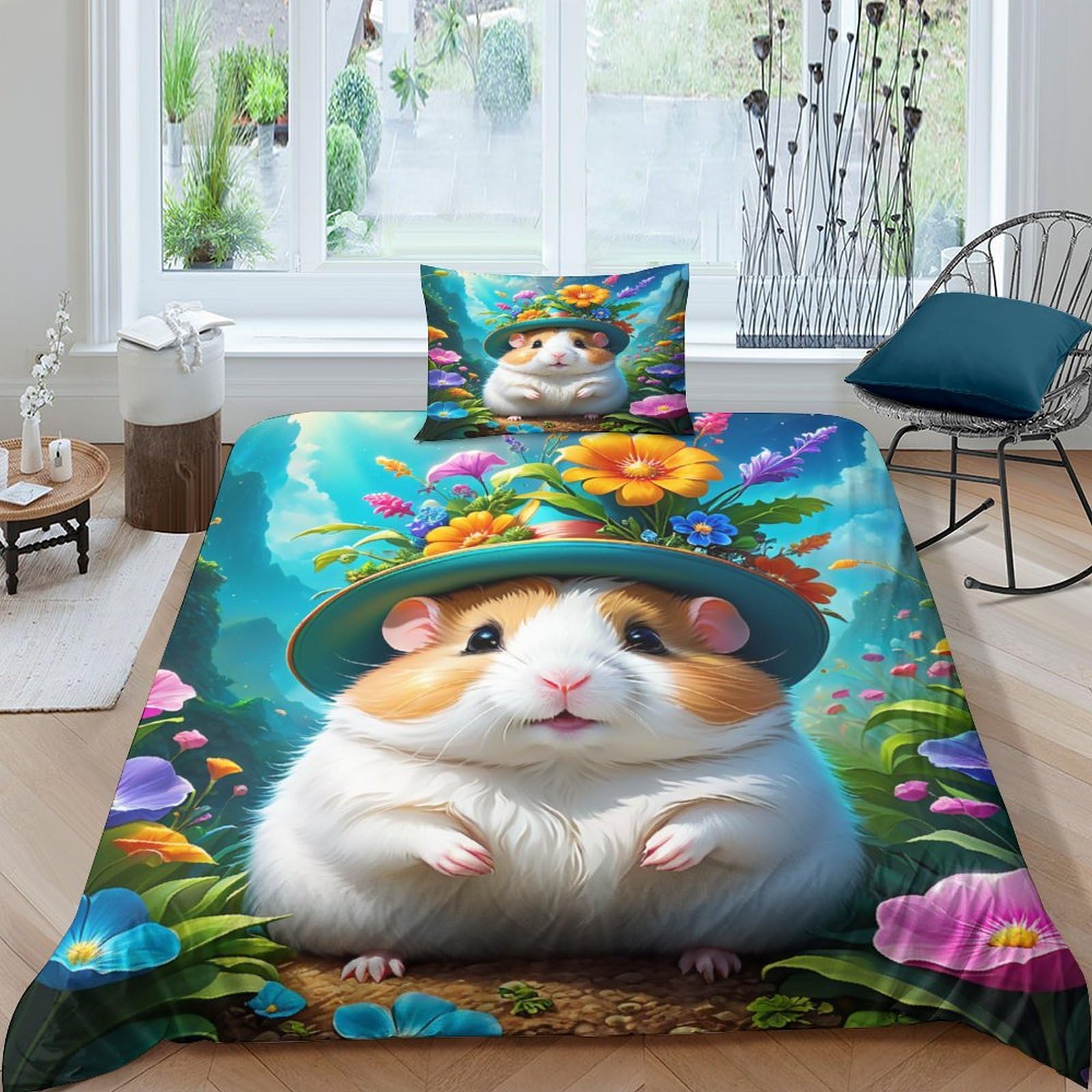 Housse de Couette Hamster 135x200cm avec 2 Taies d'Oreiller en Microfibre Fleurie 3 Pièces