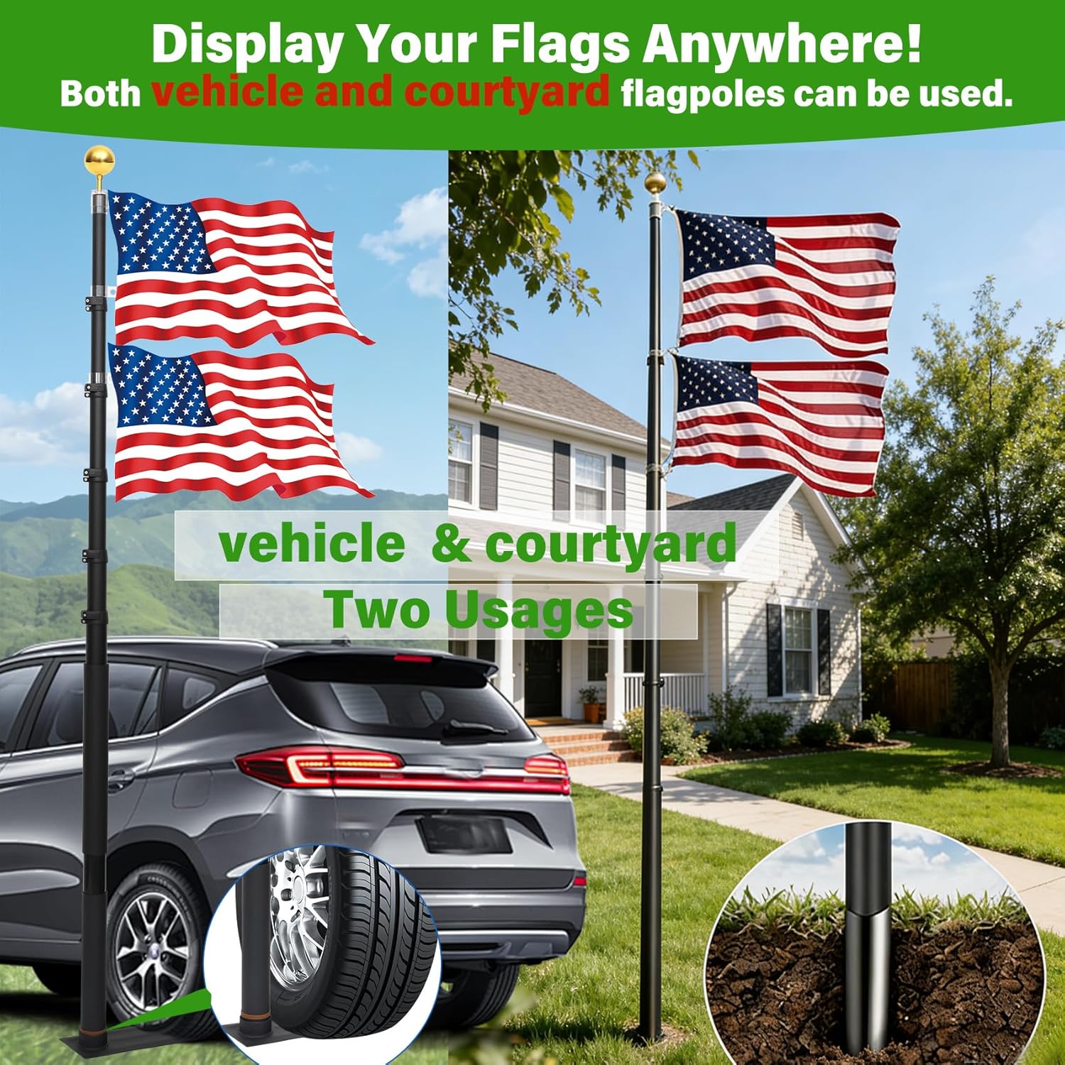 20FT Tailgate Flag Pole with Tire Mount for RV/Pickup/Sedan/SUV, Portable Telescopic Flag Pole Kit with 2× 20" Car Scratch-Proof Protective Tube,2 US Flag(3x5) ,60 MPH for Tailgating, Camping, Outdoor