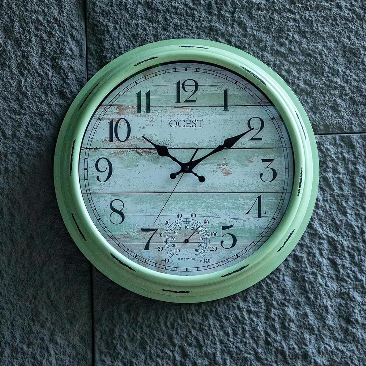 OCEST 16 Inch Indoor Outdoor Clock, Waterproof Large Wall Clock with Thermometer, Silent Non-Ticking Battery Operated Decor for Patio Pool Porch Garden Garage（Retro Green）