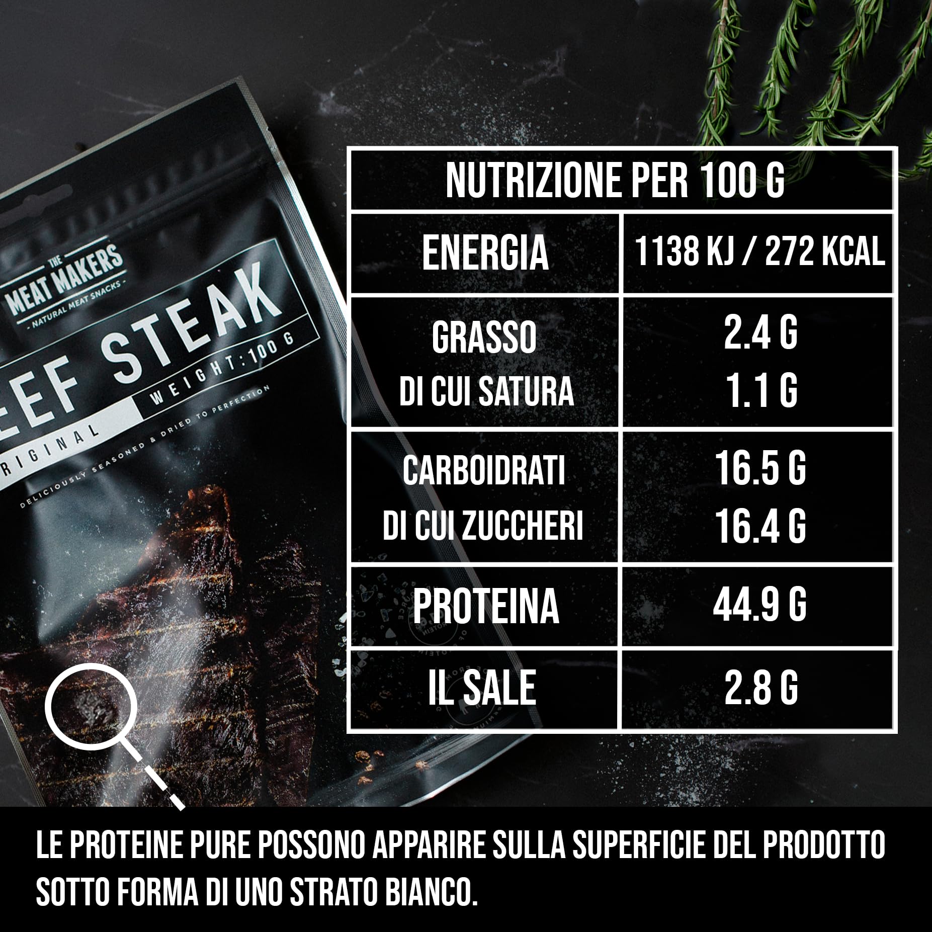 The Meat Makers Original Beef Jerky Steak (100 g) - Snack Proteico – Carne Secca di Manzo, Keto Snack, Carne Essiccata per Umani
