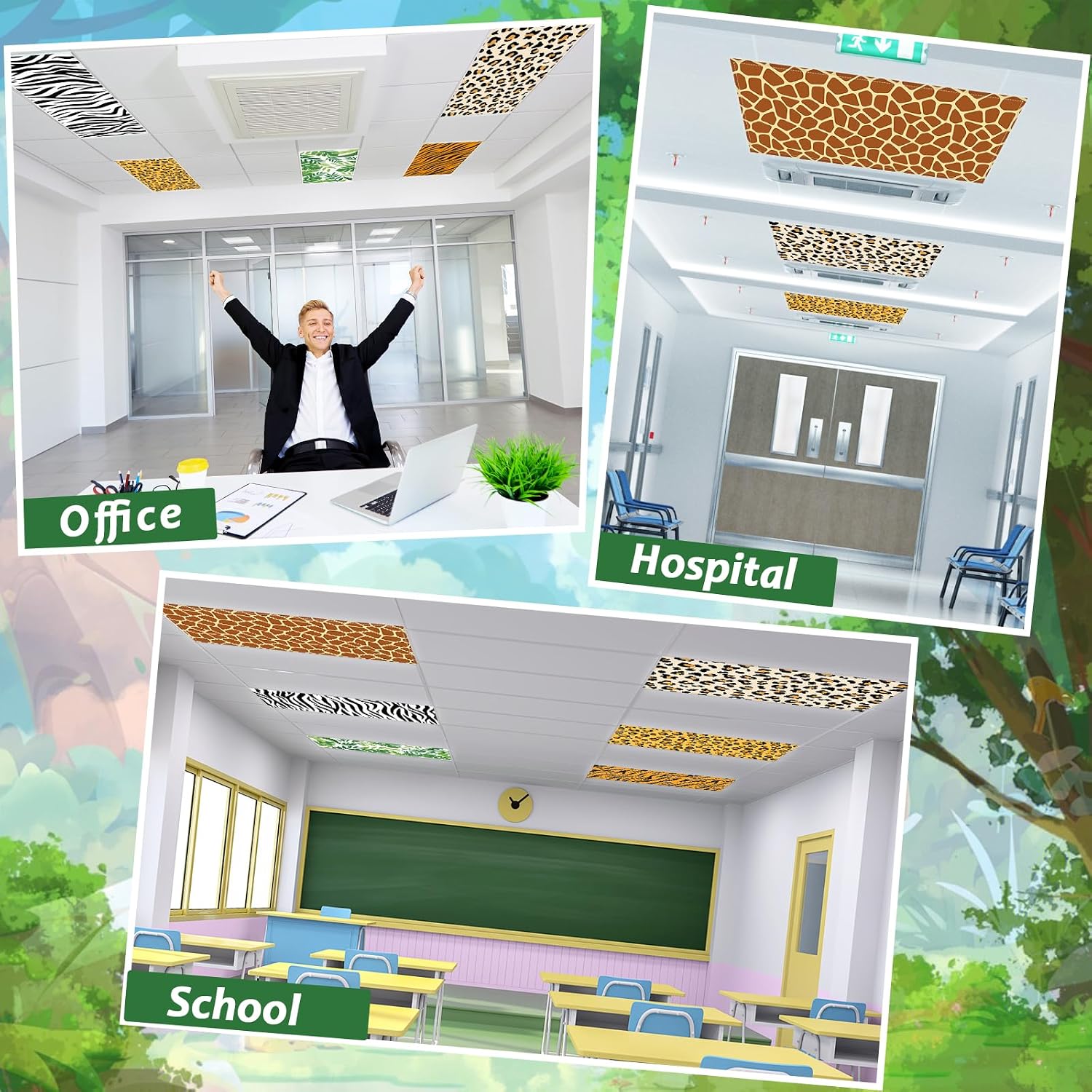 8Pcs Safari Animal Fluorescent Light Covers for Classroom Colorful Ceiling Light 4x2Ft Magnetic Lights Cover Filter Easy Install for Back to School Office Hospital Ceiling Supply (Jungle Animal)