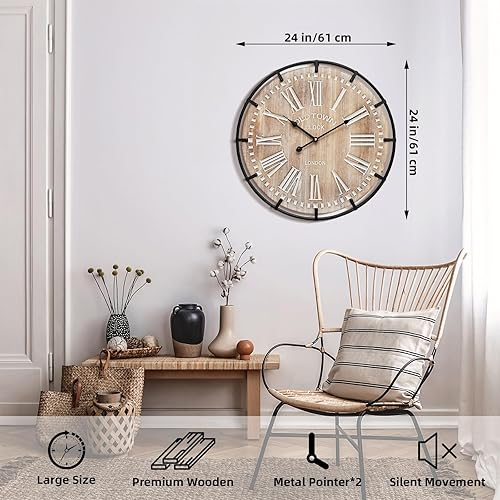 Miniatura 3 de Reloj de pared grande de 24 pulgadas, reloj de pared silencioso de madera rústica con círculo de metal y números grabados, funciona con pilas para