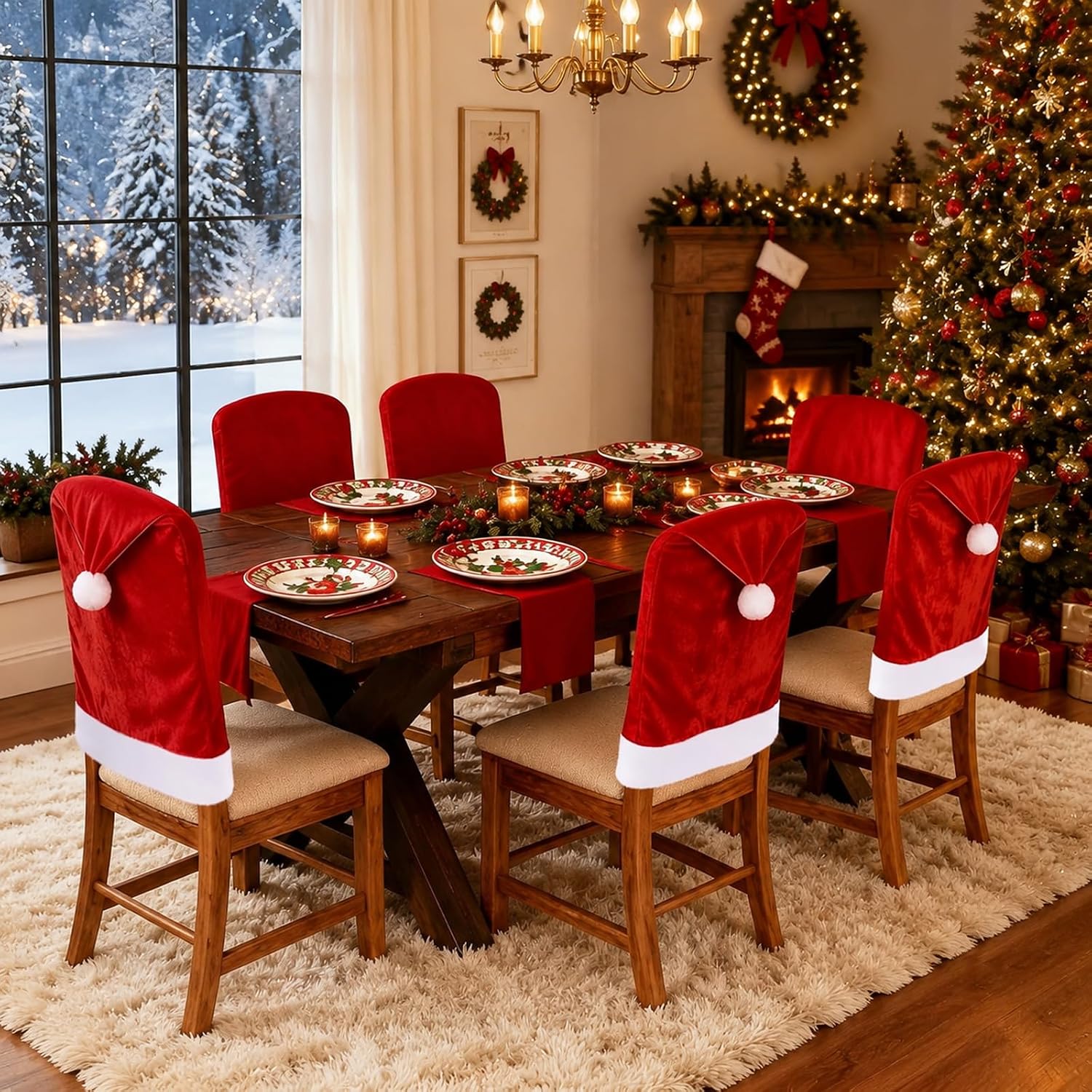 4 Pack Christmas Chair Covers,Santa Hat Velvet Seat Cover Set