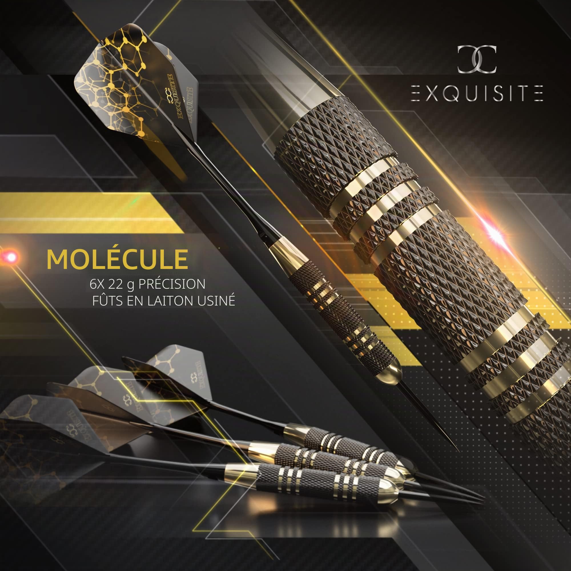 CC-Exquisite Conseil en Acier Professionnel Darts Set - 6 x 22g Brass barils avec 12 Vols Standard/Slim, 12 Aluminium 35 shafts / 48mm, 12 o-Rings, Dart, Outil Dart Sharpener et Cas