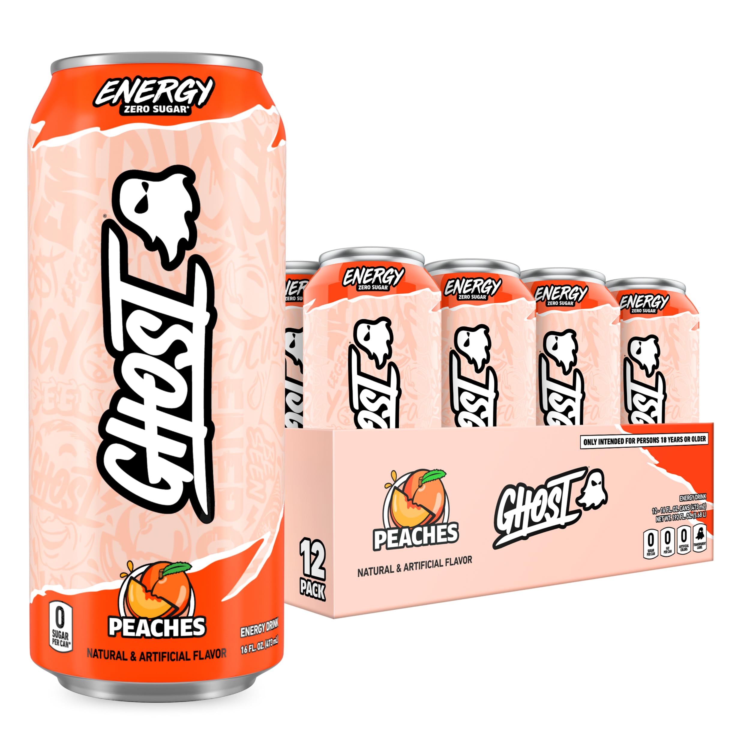 Energy Drink - 12-Pack, Peaches, 16oz - Energy & Focus & No Artificial Colors - 200mg of Natural Caffeine, L-Carnitine & Taurine - Gluten-Free & Vegan