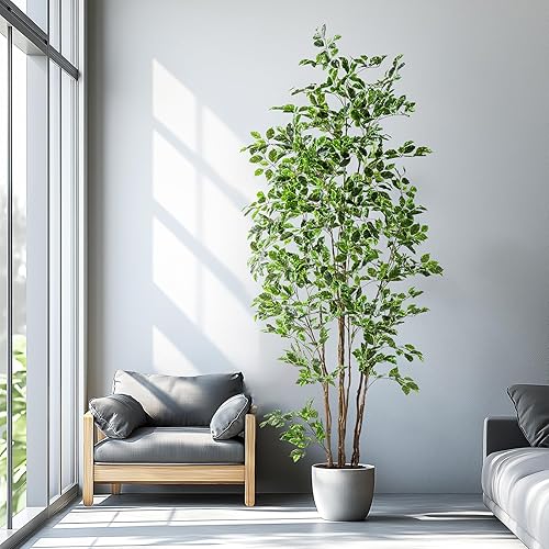 Miniatura 4 de Árbol de ficus artificial para interiores de 8 pies, árbol de imitación grande en maceta con hojas de seda realistas y tronco para oficina en casa,