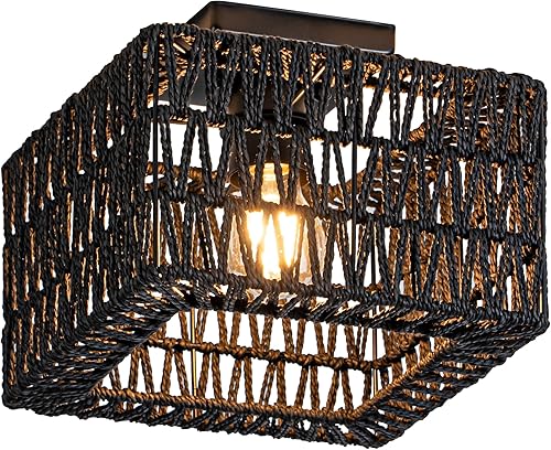 Miniatura 15 de Lámpara de techo de ratán, 3 lámparas de techo tejidas bohemias modernas, lámpara de techo bohemia de montaje empotrado para dormitorio, sala de