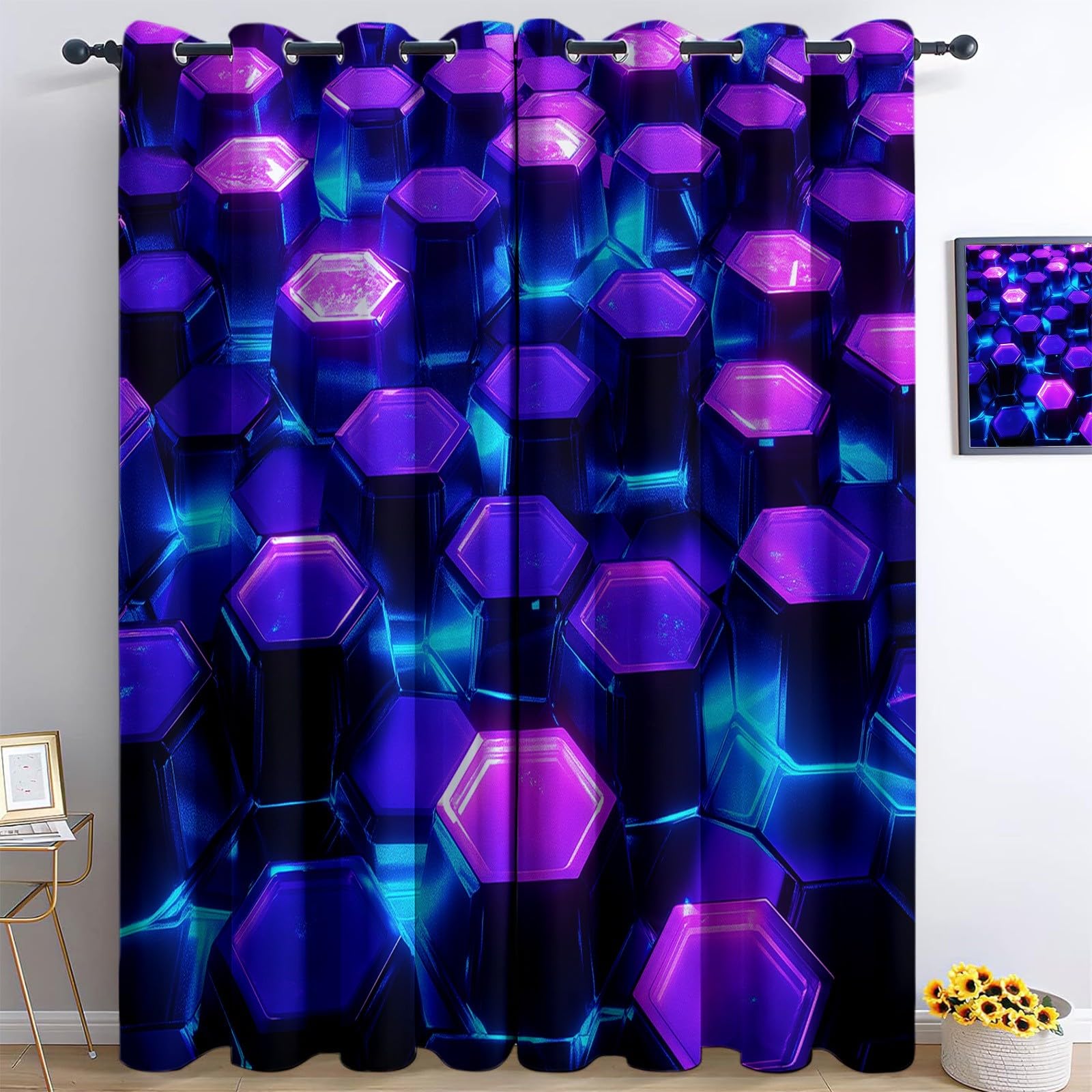 Rideau occultant géométrique bleu-violet L140 x H245 cm pour fenêtre