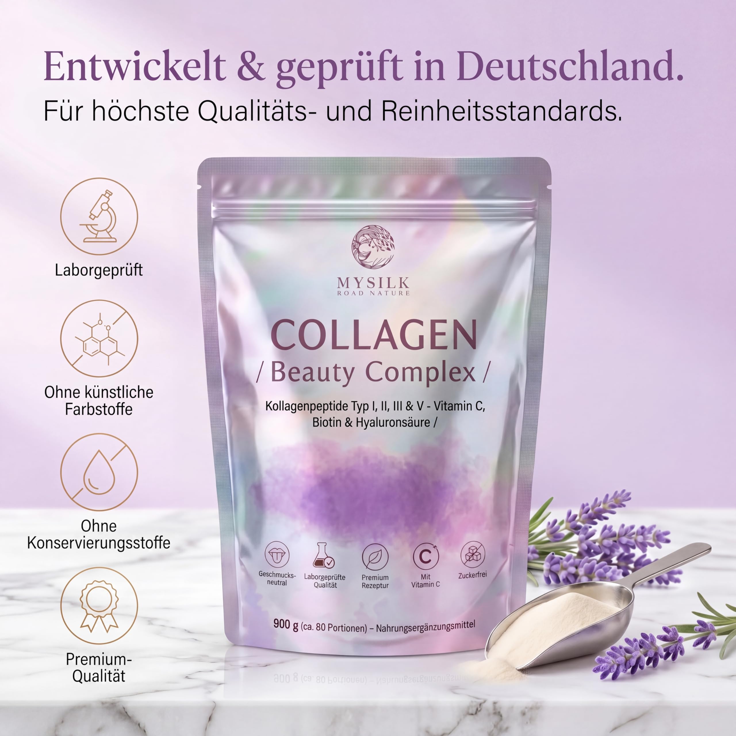 Kollagen Beauty Complex 900 g – Kollagenpeptide Typ I, II, III & V mit Vitamin C, Biotin & Hyaluronsäure, zuckerfrei, Collagen Nahrungsergänzungsmittel