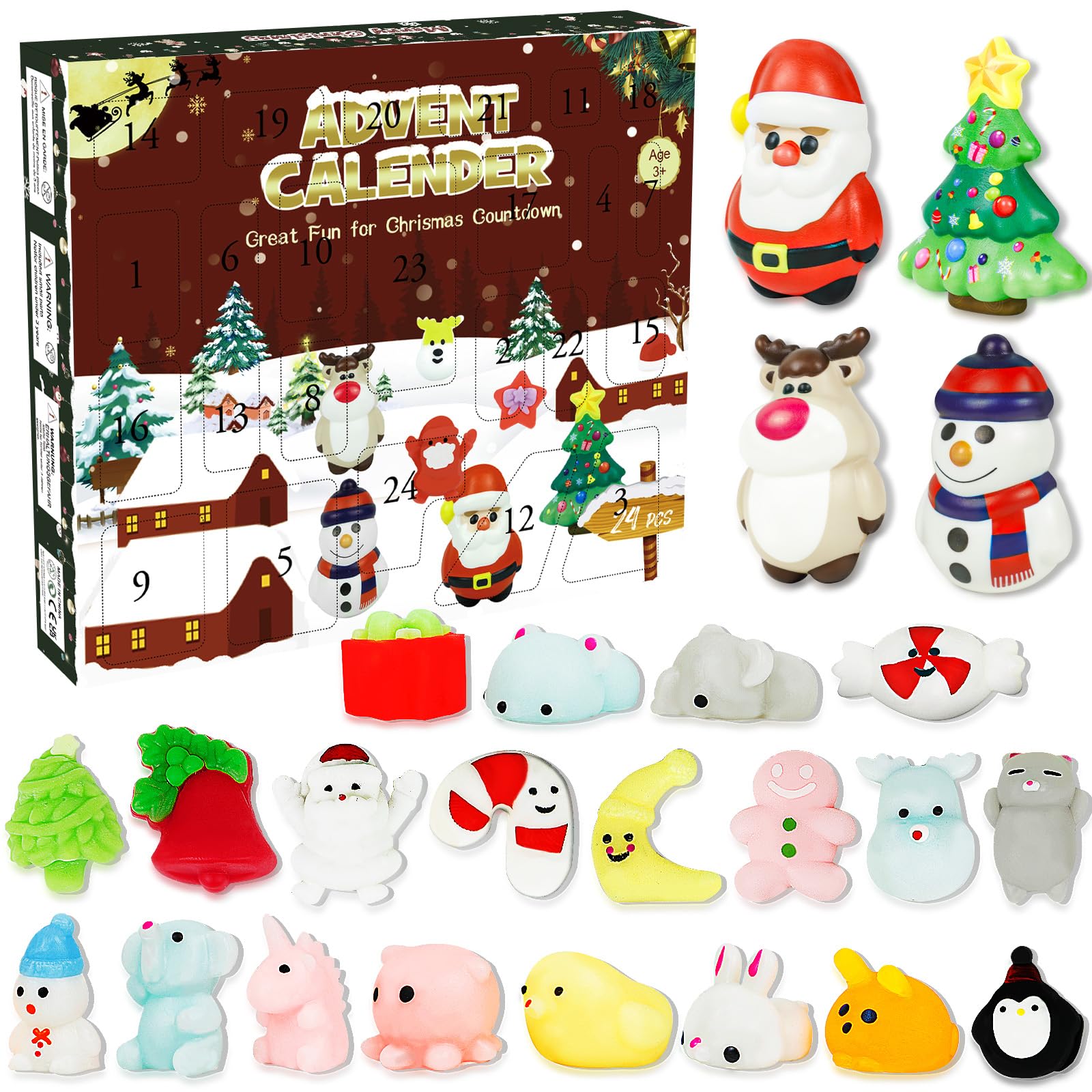 Mochi Squishy Toys 2024 Advent Calendar,24 Mochi Squishy Assorted Toys,24 Days of Christmas Countdown Calendar,Advent Calendar Squishies Party Favors Gift Ideas for Kids