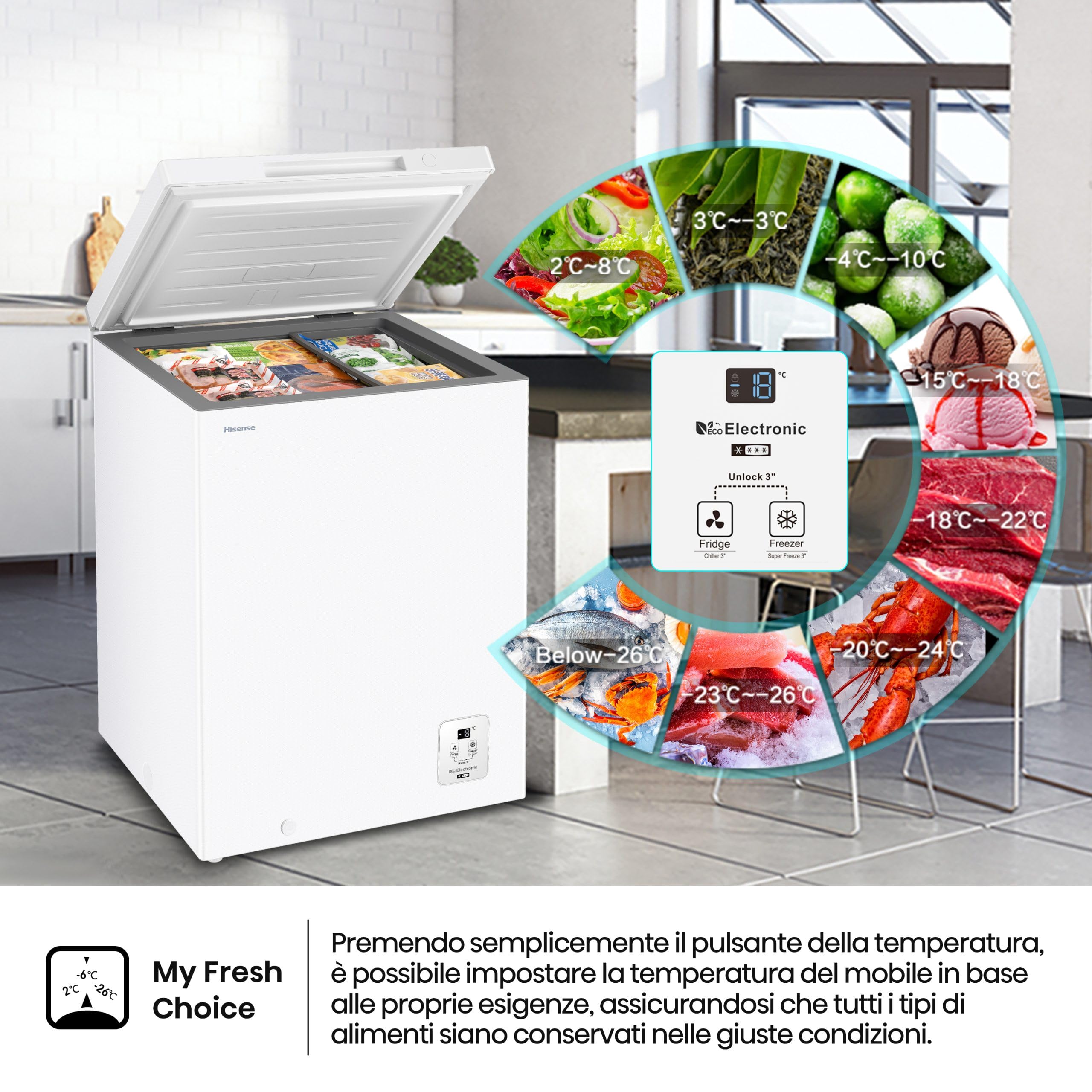 Hisense FT145N1AWE Gefriertruhe 140 Liter, LED-Beleuchtung, super leise 40 dB, E-Klasse, (L*B*H): 60,6 × 55,9 × 85,8 cm, weiß