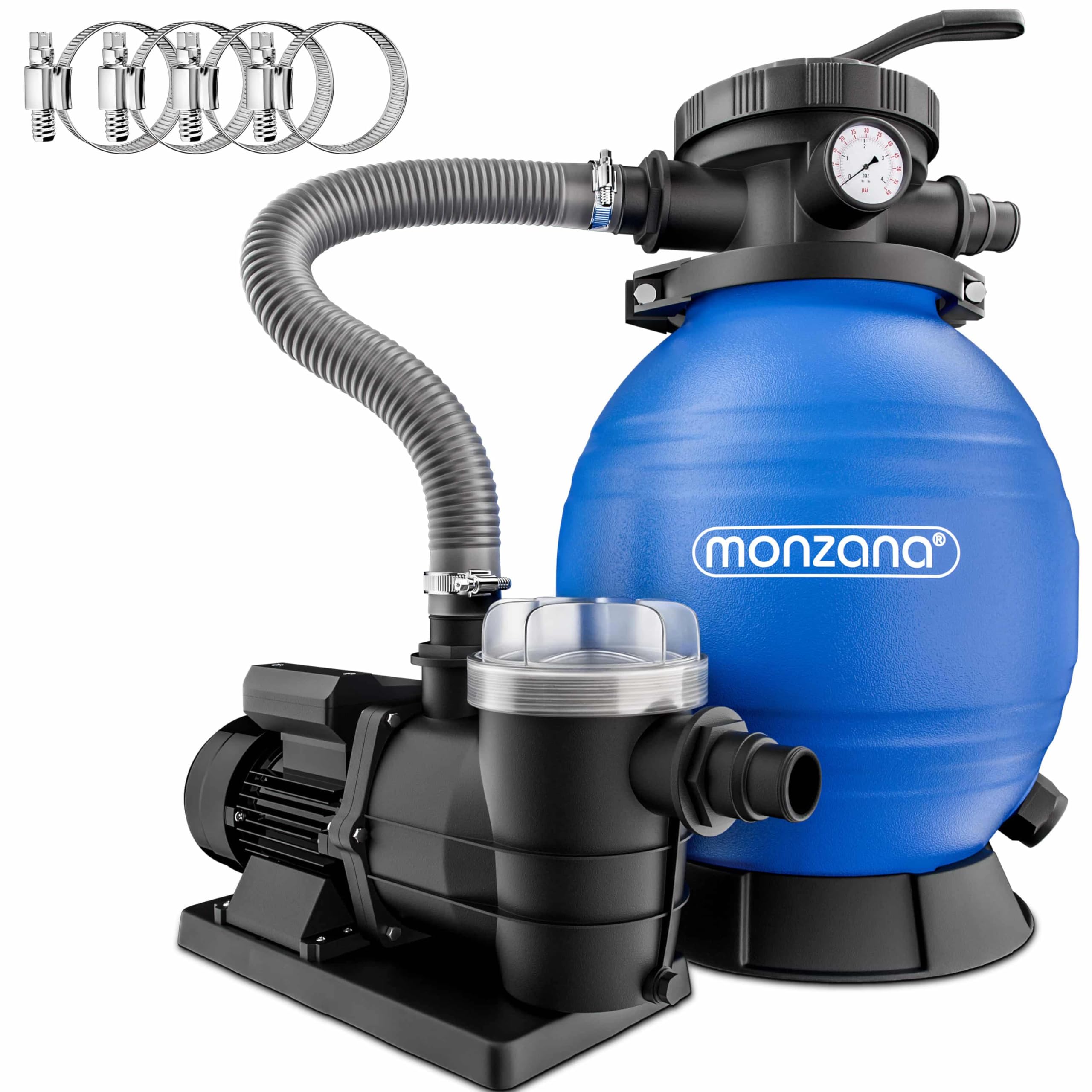 MONZANA® Depuradora Piscina 9.600L/h Filtro de Arena hasta 30.000L con Pre Filtro Válvula 7 Funciones Filtrado 400W Autocebante Adaptador Ø32-38mm Bomba Indicador de Presión