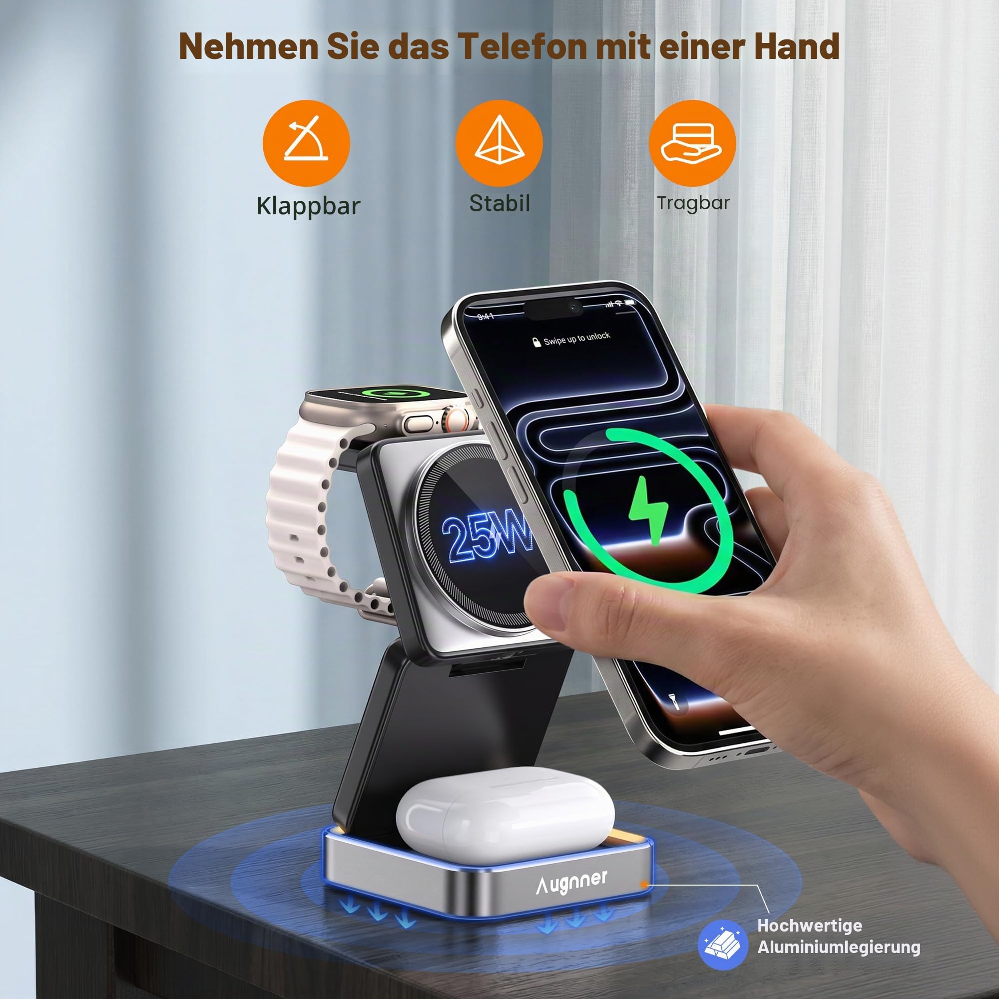 Augnner[Ultraschnell 25W] 3 in 1 Kabellose Ladestation für Apple, 25W Faltbar Induktive Ladestation für iPhone 17/16/15/14/13/12,Apple Watch&AirPods,Reisetauglich & Tragbar mit 45W Adapter
