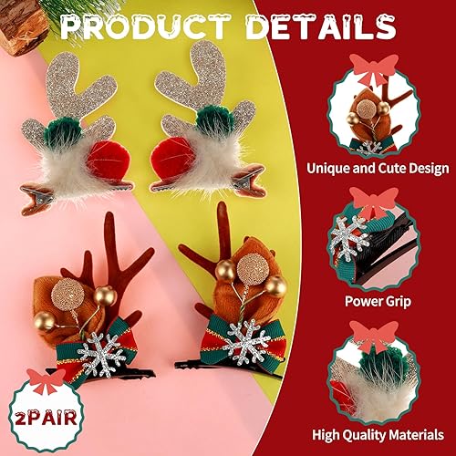 Miniatura 3 de Pinzas para el cabello de Navidad, 4 piezas de accesorios para el cabello de Navidad, lindos cuernos de reno, diadema para orejas, accesorio para el
