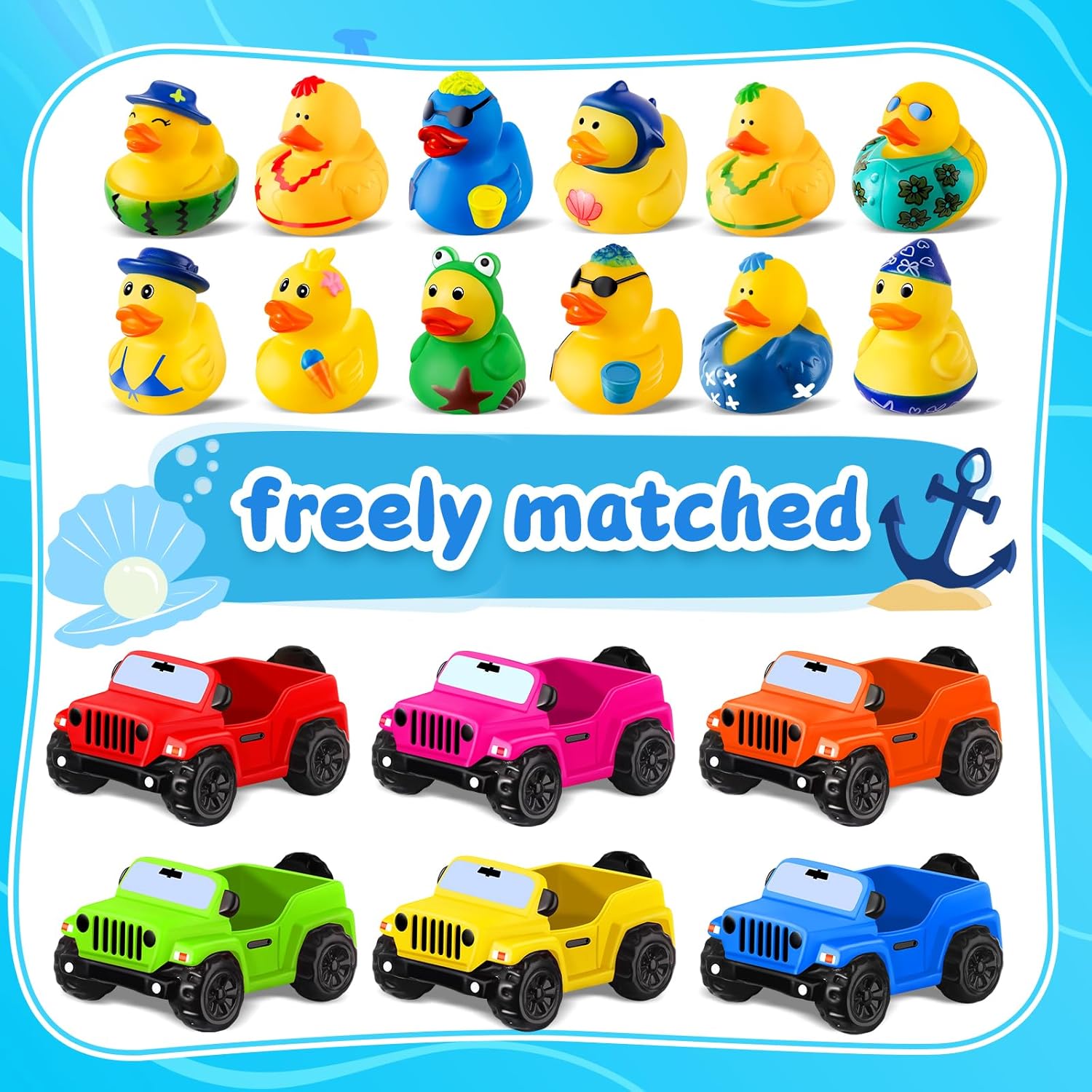24 Pcs Summer Rubber Ducks for Jeeps, Summer Beach Rubber Ducks, 3.5 Inch Ducks for Jeeps ,2 Inch Ducks for Ducking, 12 Summer Ducks with 12 Cars, Summer Party Favors Gifts Swimming Pool Water Toys - Image 2