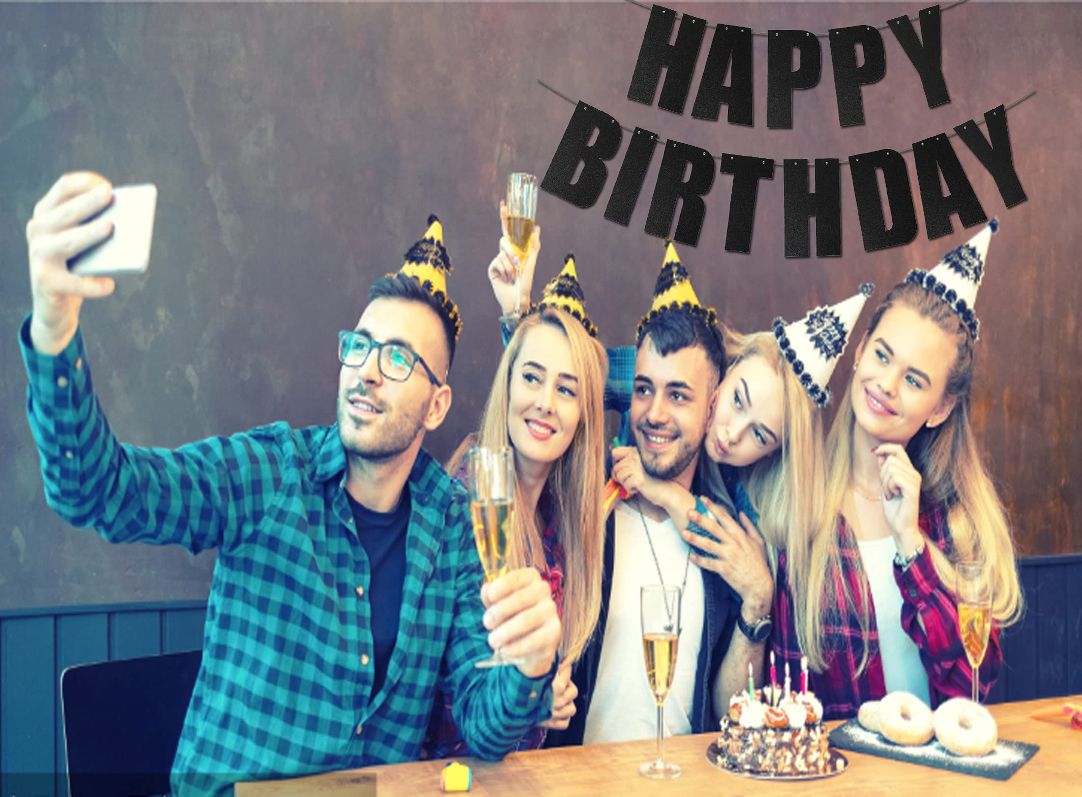 Czarny baner z napisem "Happy Birthday" na przyjęcie urodzinowe dekoracje materiały