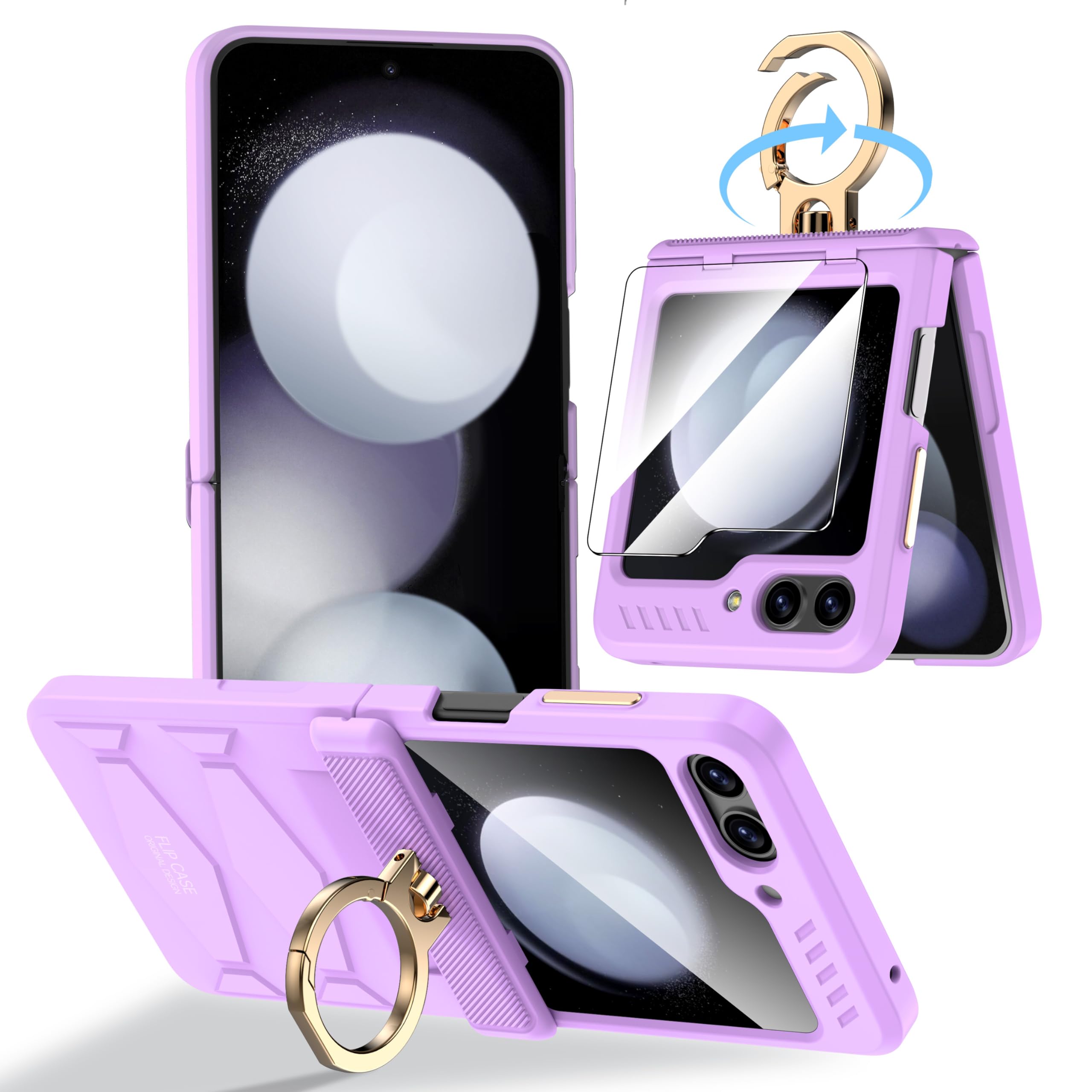 Vizvera for Samsung Galaxy Z Flip 5 Case with Hinge Protection, Built-in Metal Ring/Stand/Screen Protector HD Clearly Full Body- Silicone Shockproof Case for z flip 5 (2023)-Dark Purple