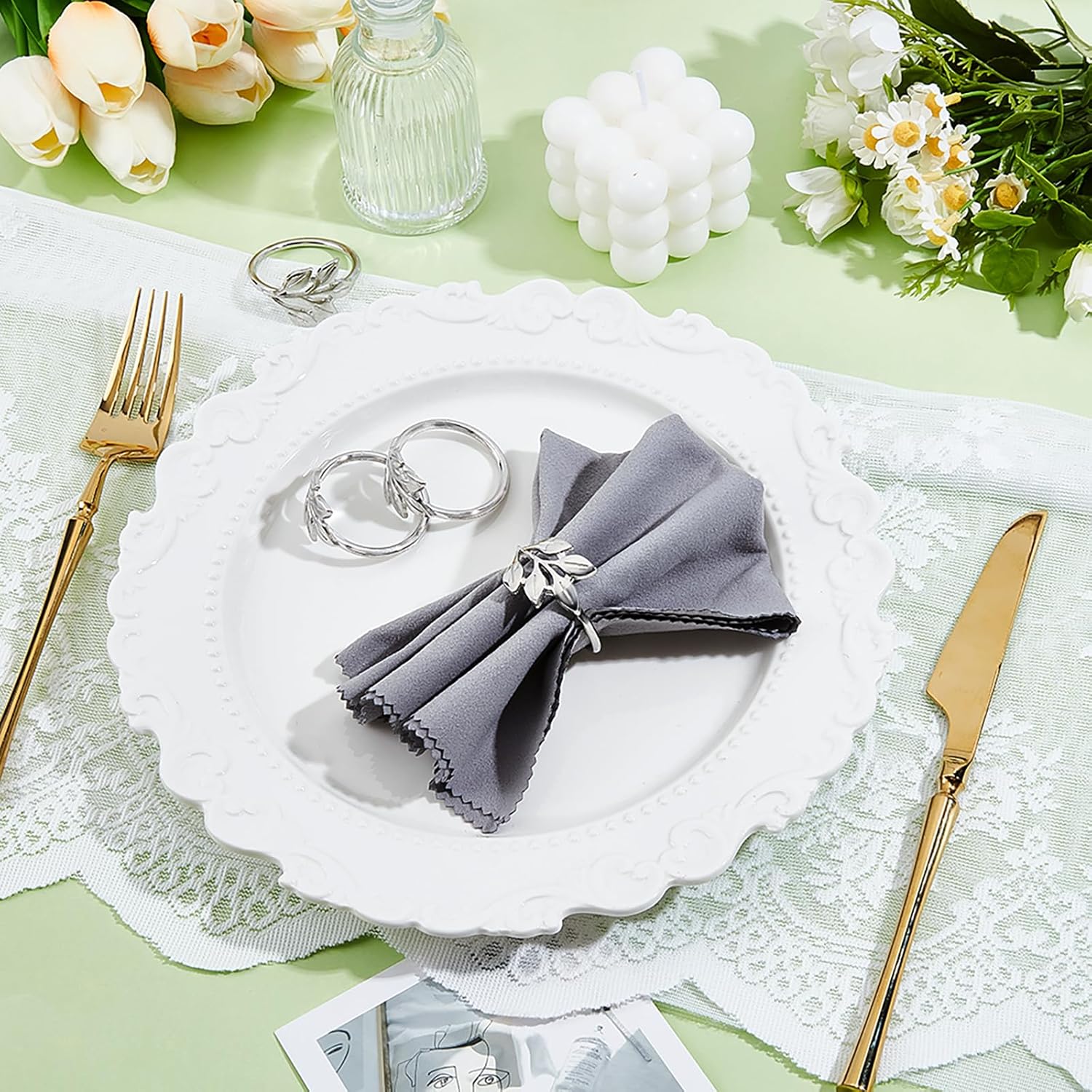 Peacoblue 60Pcs Sliver Leaf Napkin Rings Holders Modern Stainless Steel Napkin Ring Holders for Table Decor Settings, Vintage Napkin Ring for Wedding Christmas Thanksgiving Day Party