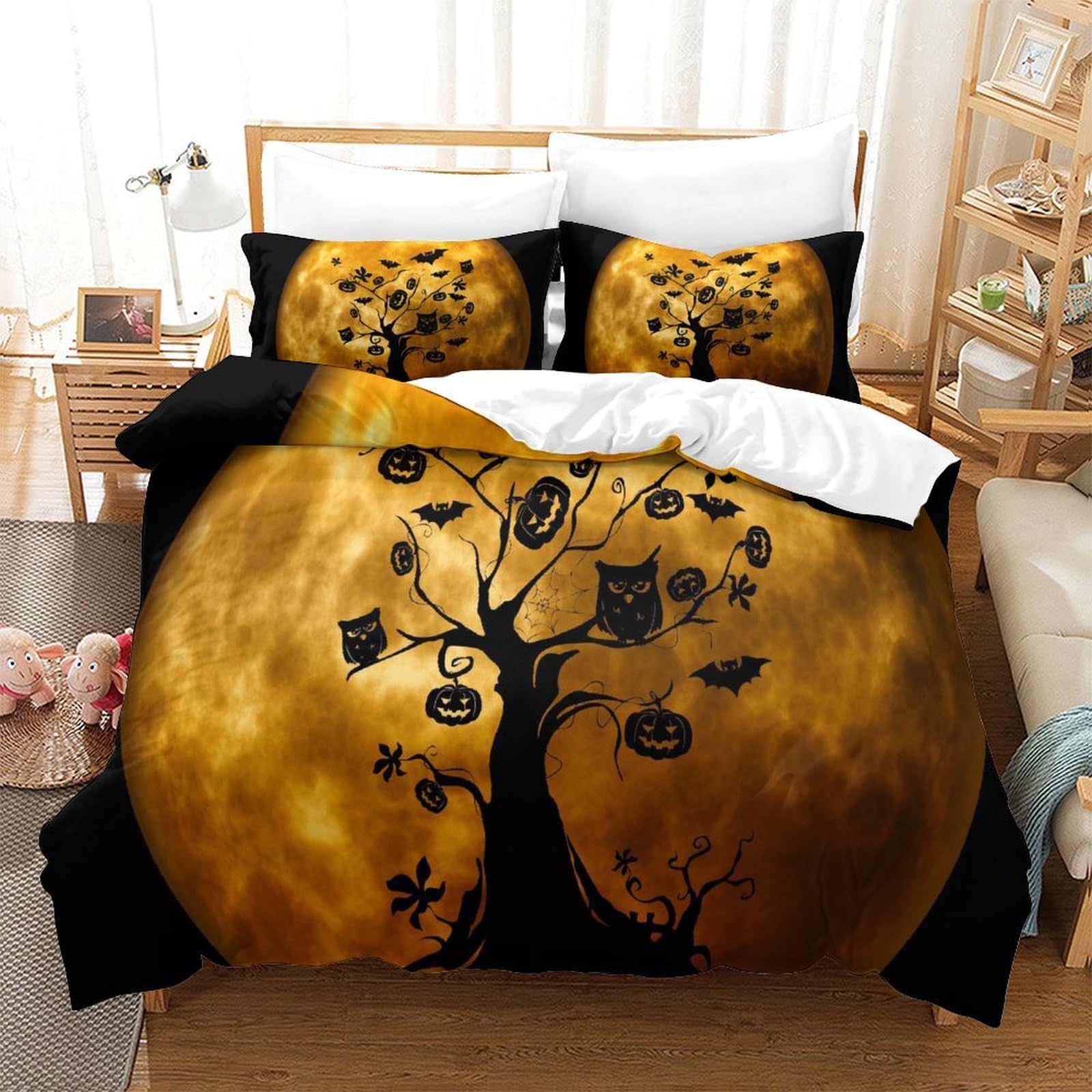 P1S9U7W5Y Halloween Moon Owl 3D Printed Duvet Cover Set 3pcs Microfiber Night Tree Bedding Set Double