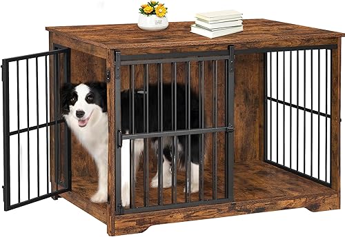 Miniatura 9 de Mueble XL grande para perros, muebles de interior para perreras de 44.1 pulgadas con puerta de granero, jaula alta de madera para perros, jaula