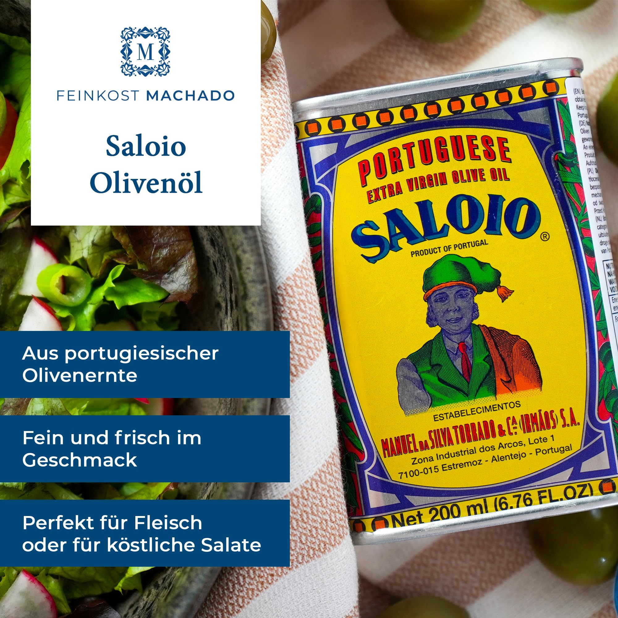 Feinkost Machado Olivenöl 6x 500ml (je 2x) – Probierset | Natives Olivenöl Extra aus Portugal (Triunfo, Santa Maria, Saloio) | Hochwertiges Olivenöl für Salate, Kochen, Braten & mediterrane Küche